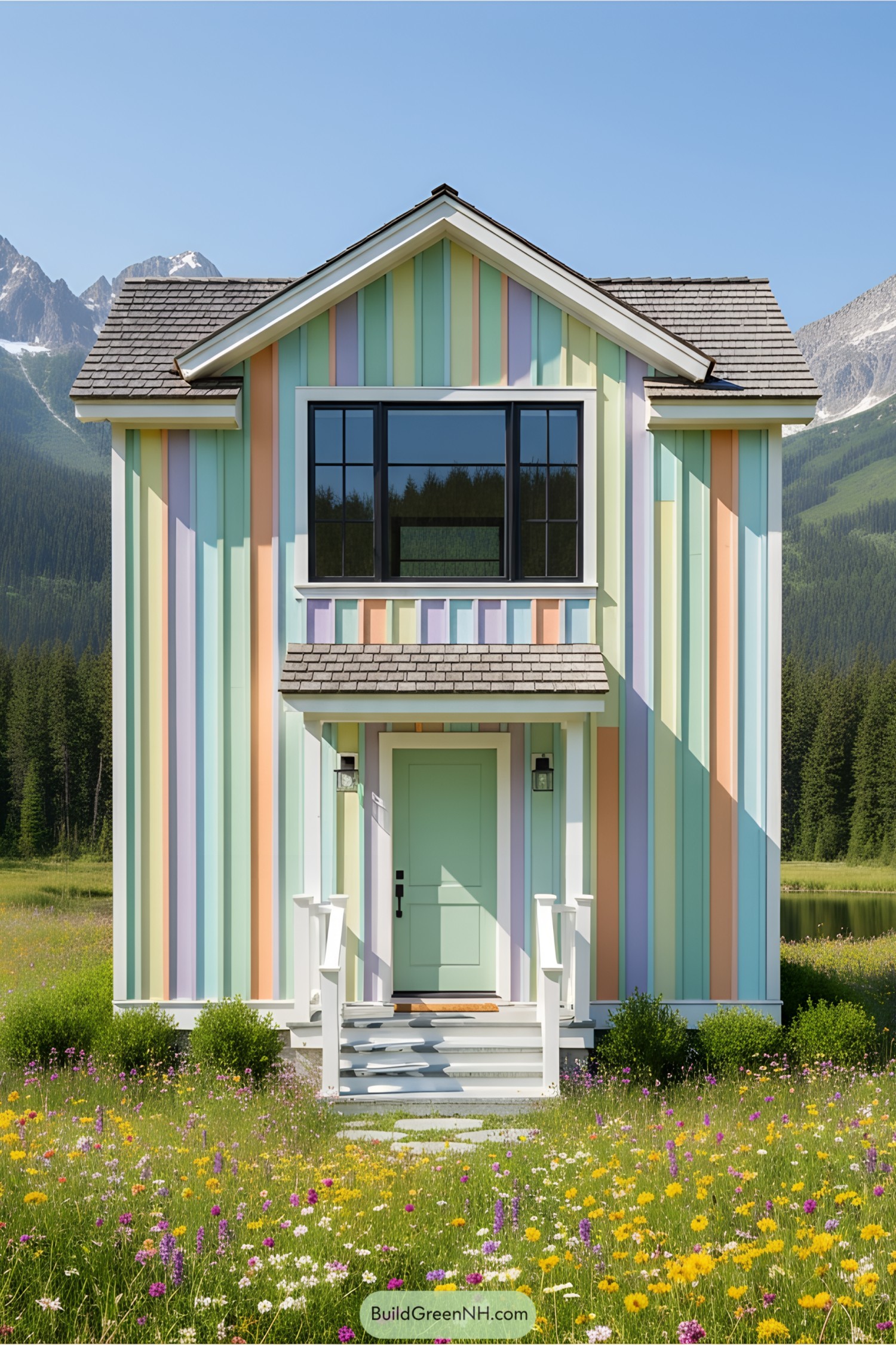 Cottage with pastel vertical slats surrounded by wildflowers