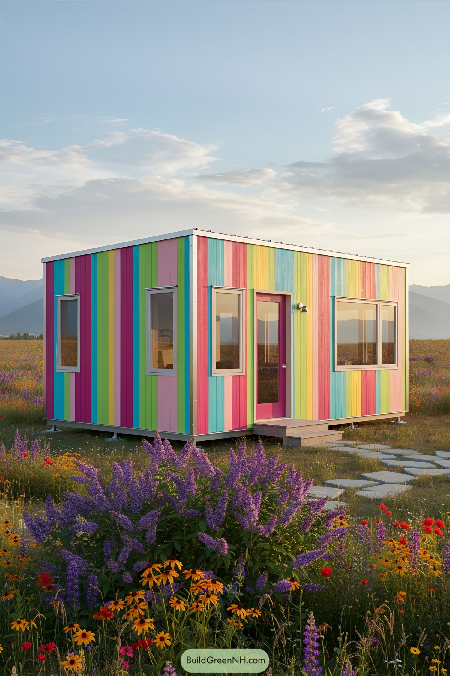 Colorful cottage with multi-colored slats in a vibrant meadow