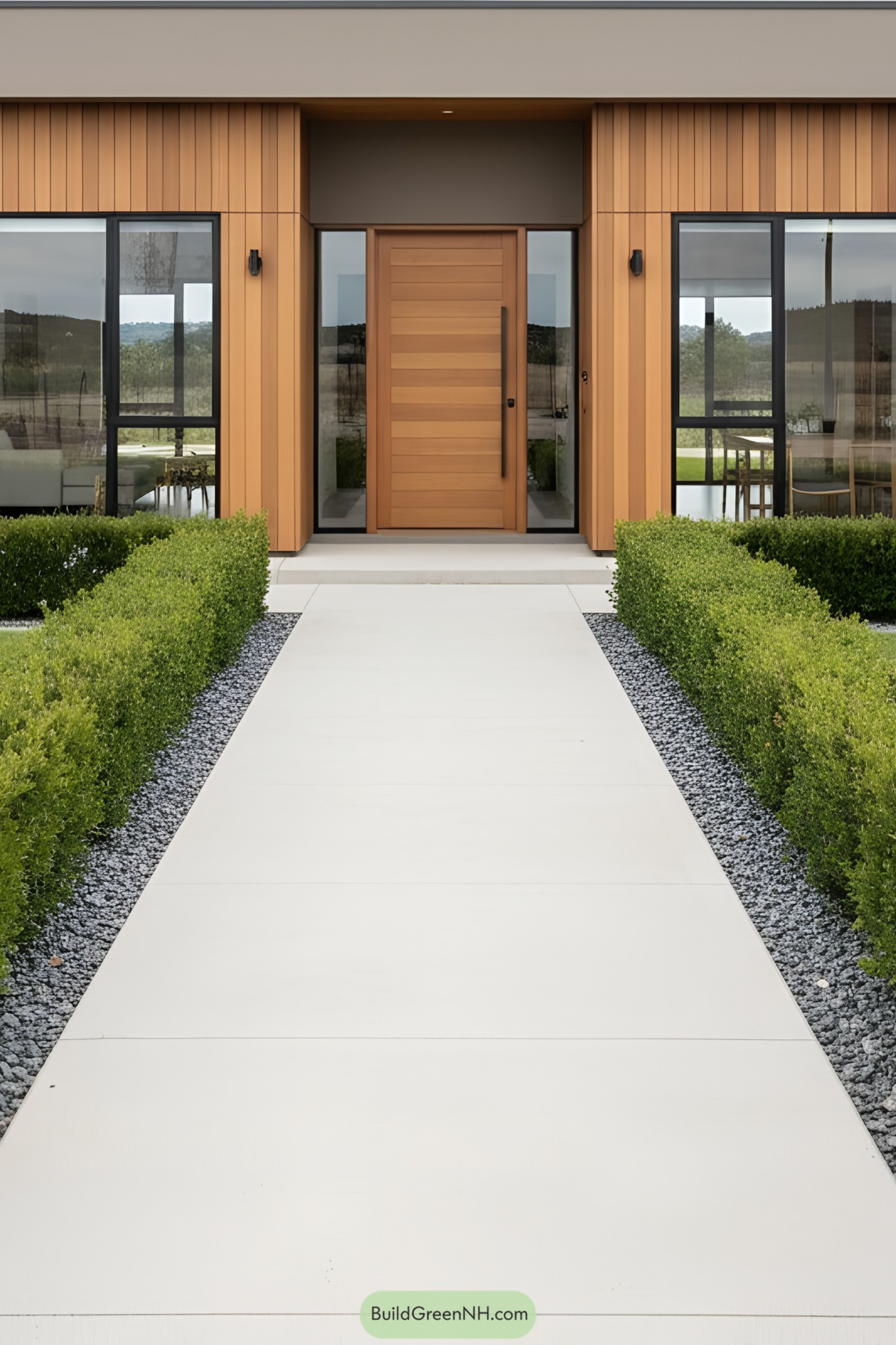 Single-floor home with wooden facade and modern landscaping