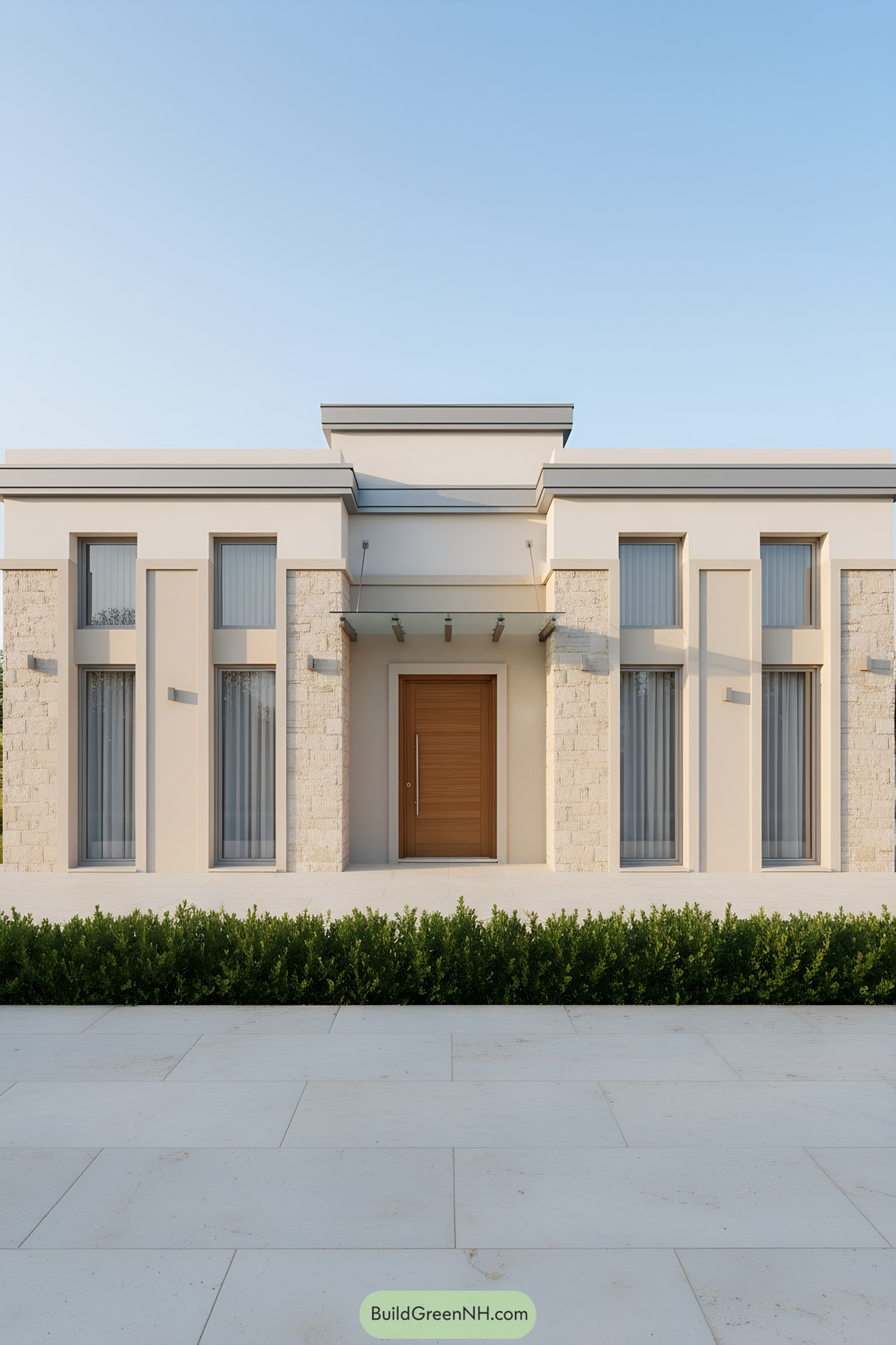 Single-floor house with tall windows and stone accents