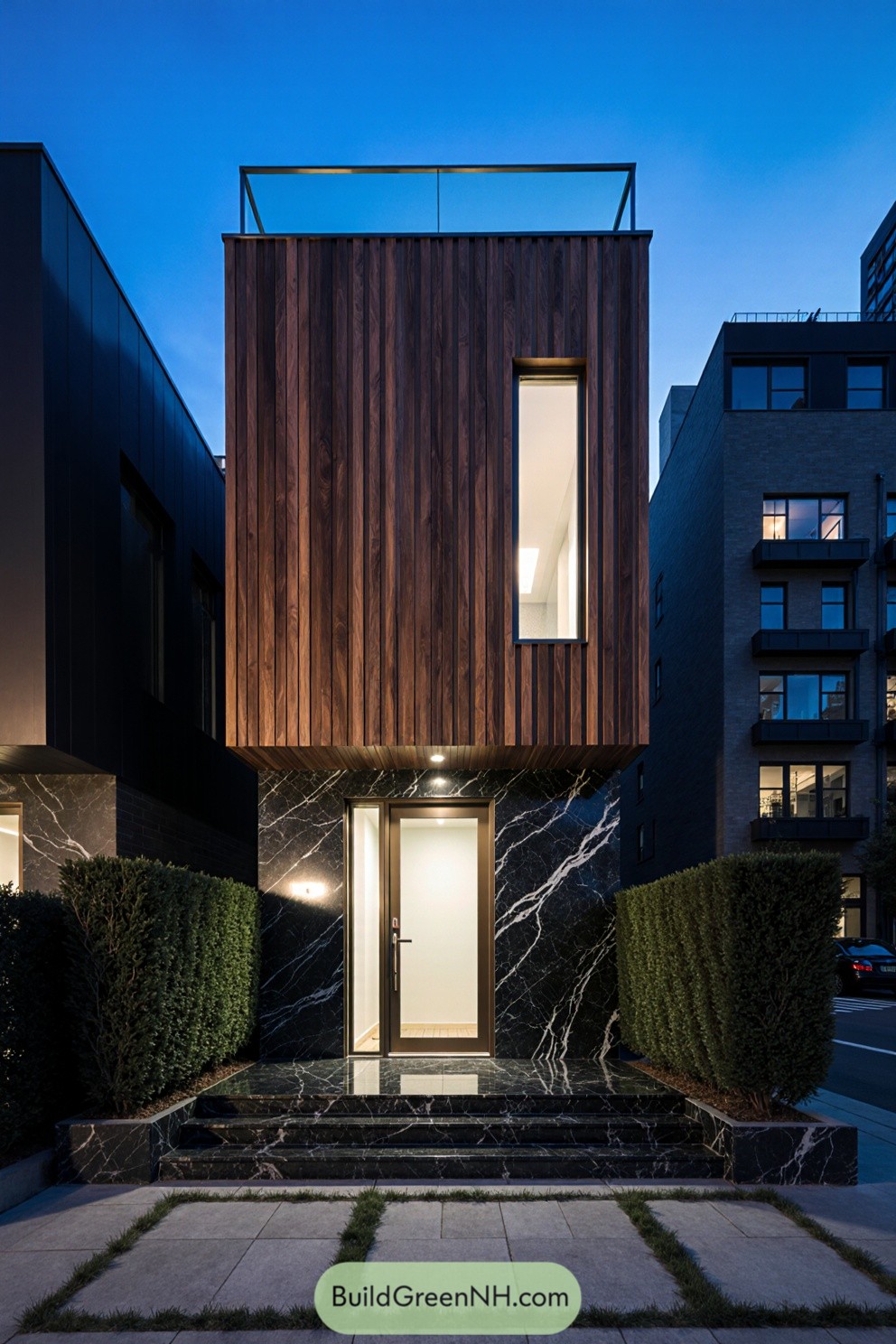 Modern house with timber slats and stone façade at dusk