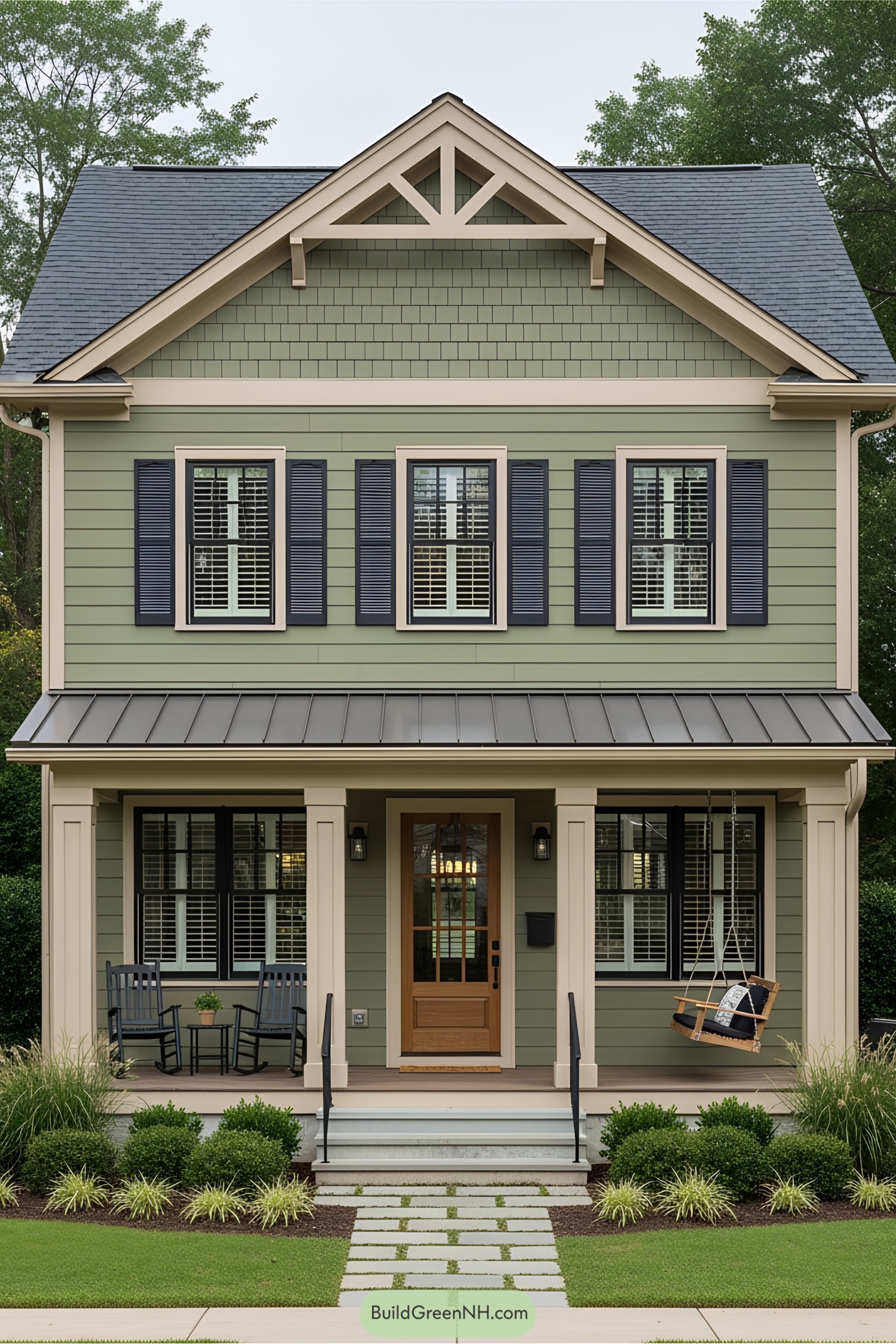 Cozy green porch with wooden swing