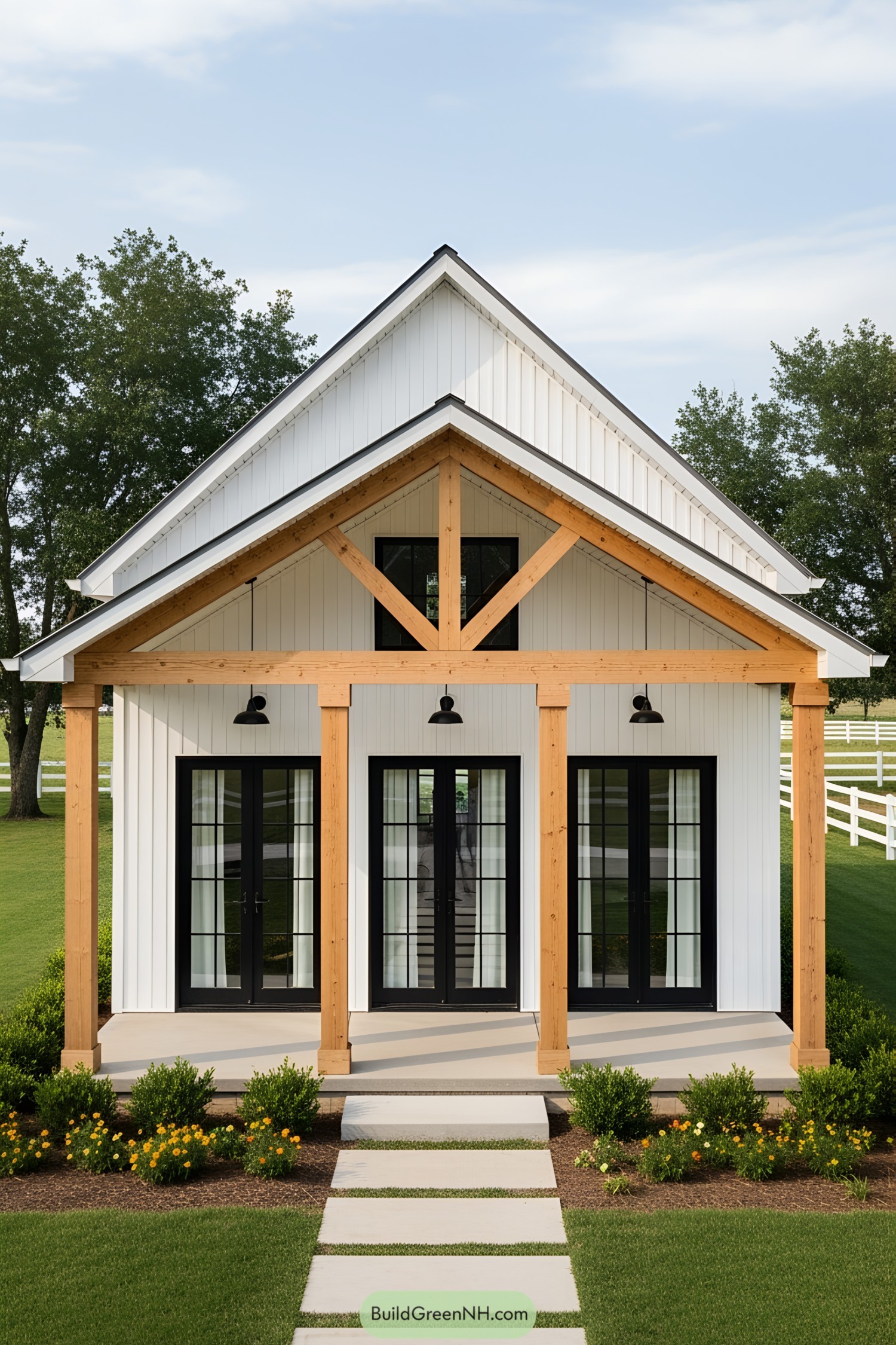 Small house with a white exterior, wooden beams, and dark doors