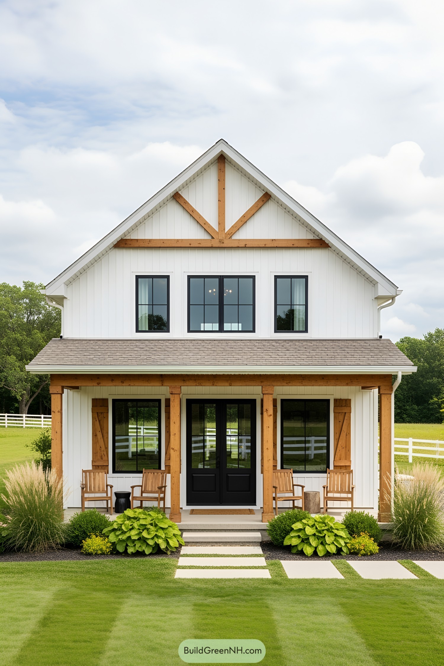 White house with wooden beams and inviting porch
