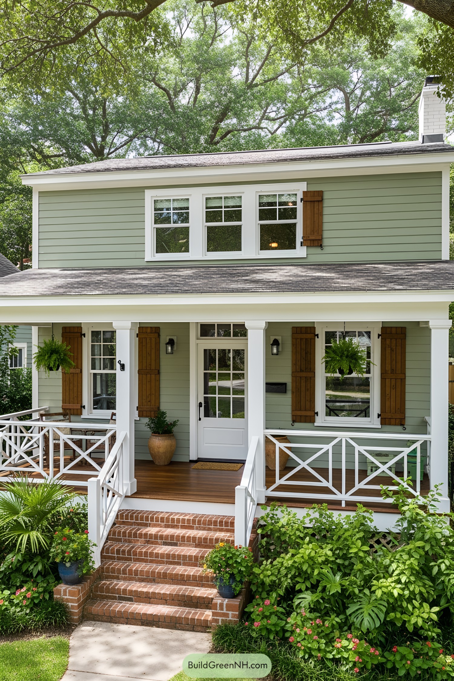 Charming home with green facade and white accents