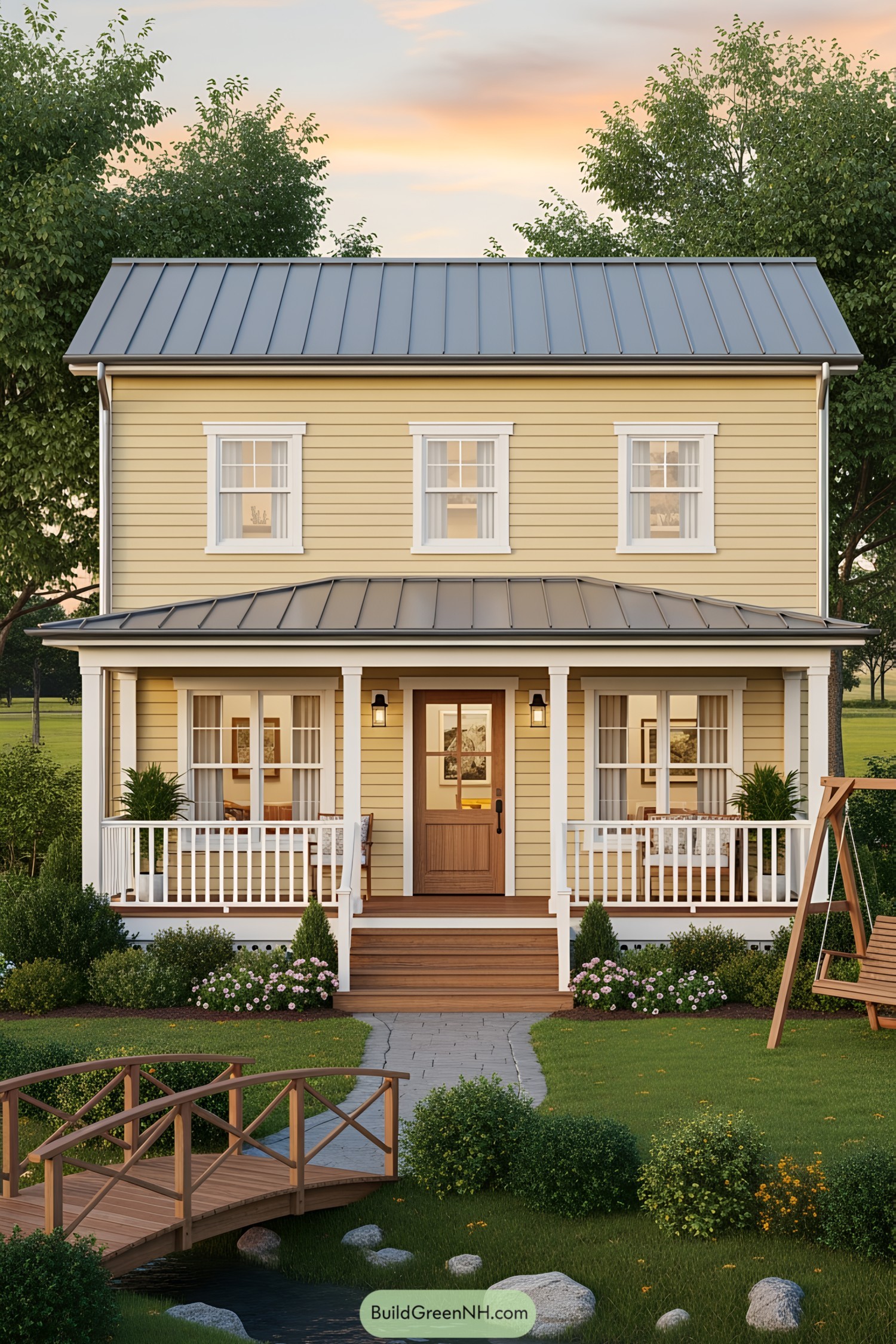 Compact yellow house with a cozy porch and lush greenery
