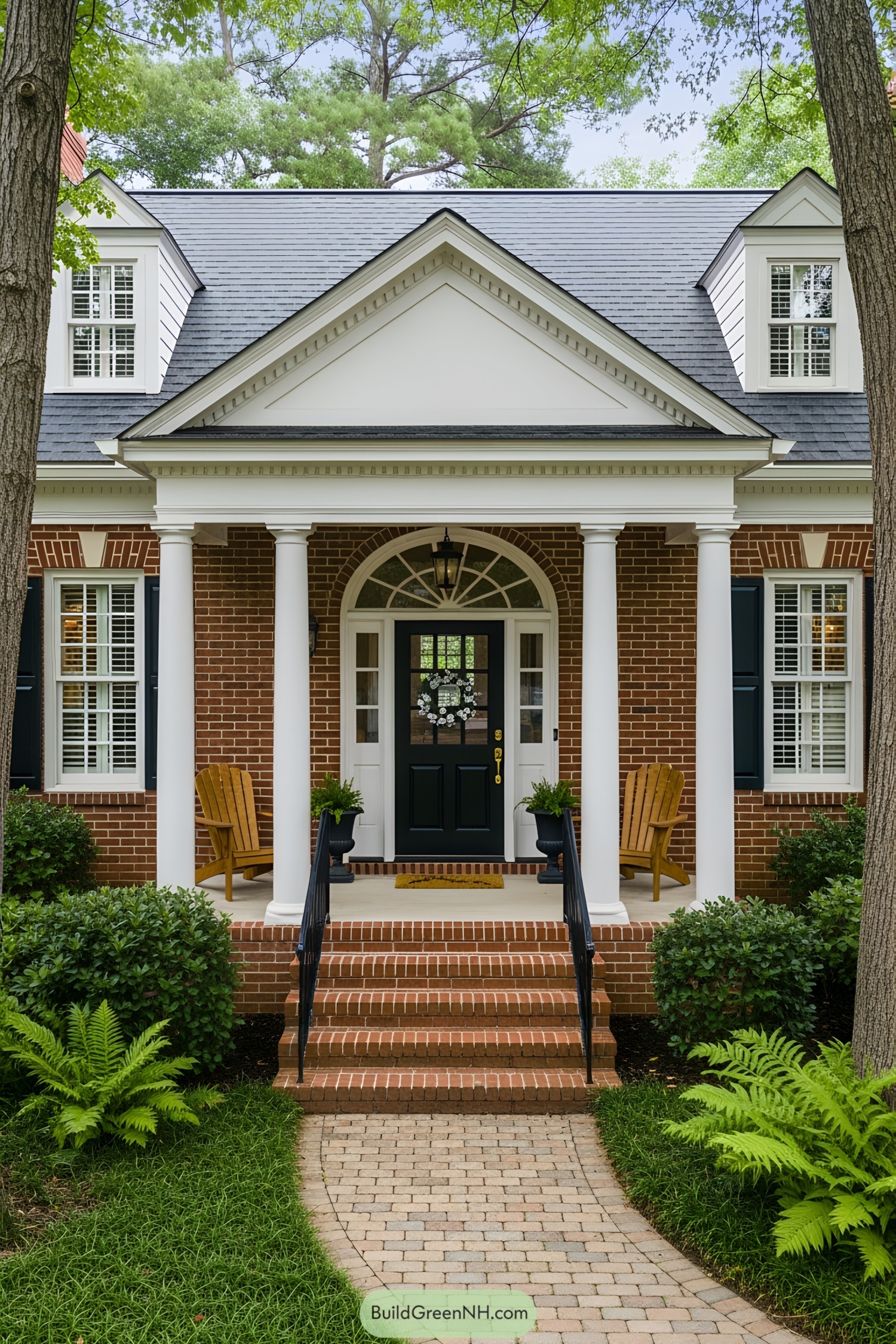 Brick house with white columned porch and dark green door