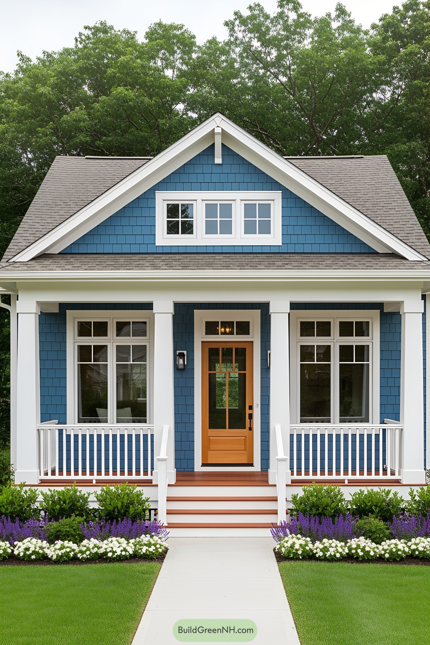 Small blue house with wooden door and white trim