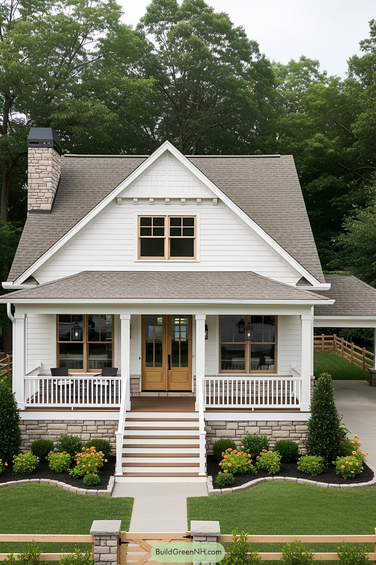 White cottage with front porch and lush greenery