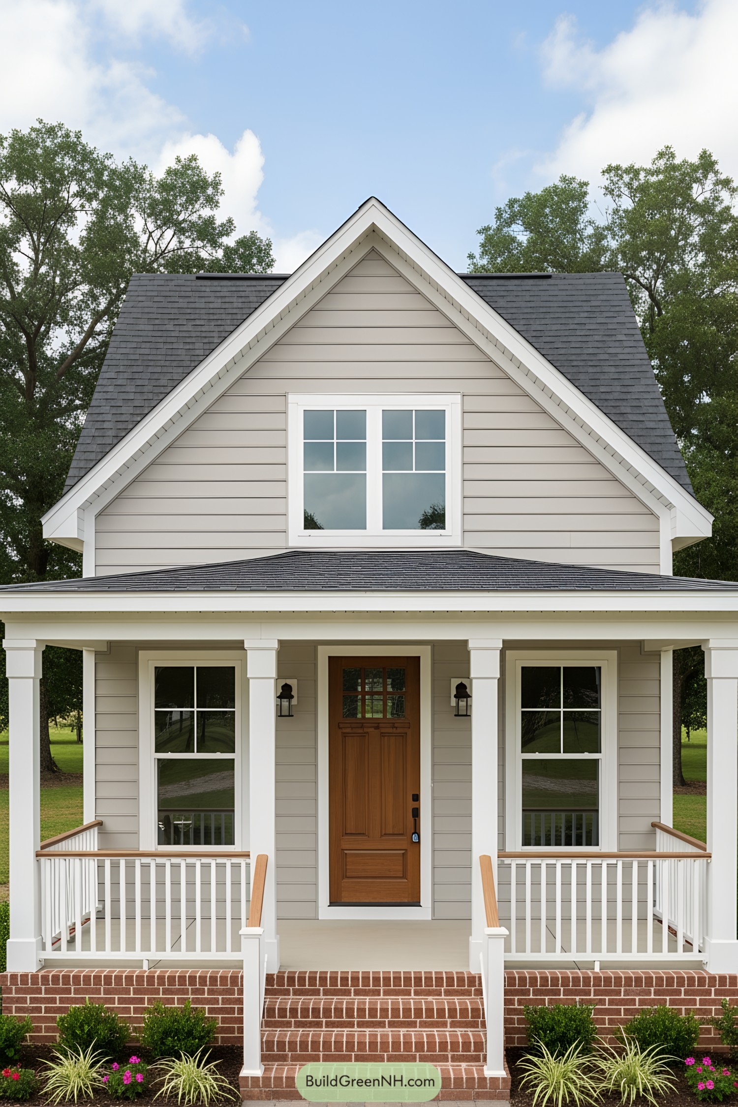 Cozy porch with red brick steps and wooden door