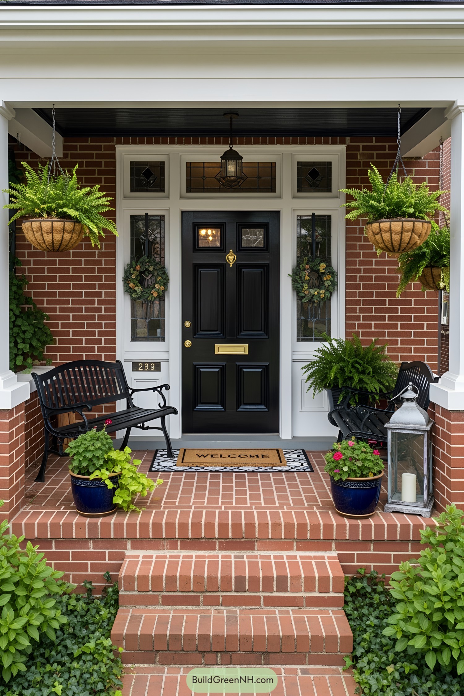 Red brick porch with black door and greenery