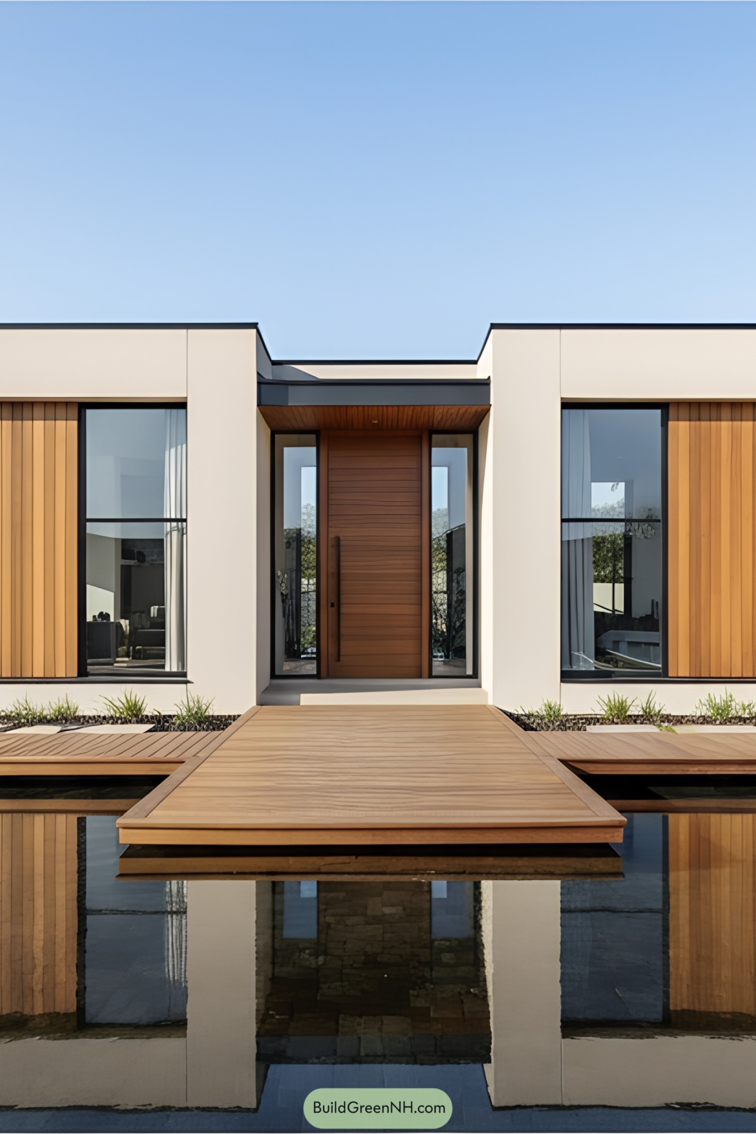 Modern single-story house with wooden accents and reflection pool