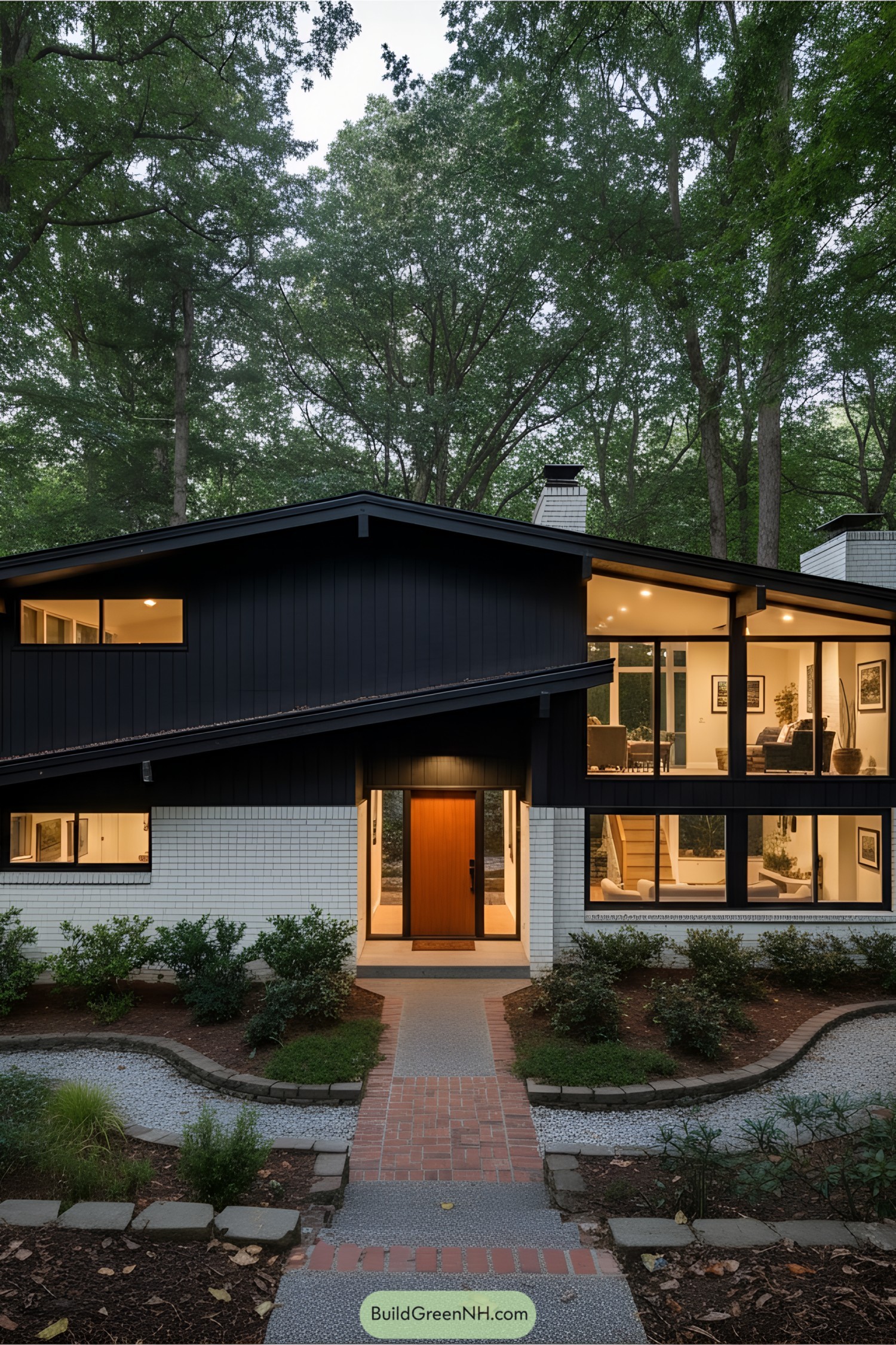 Split level house with large windows surrounded by trees