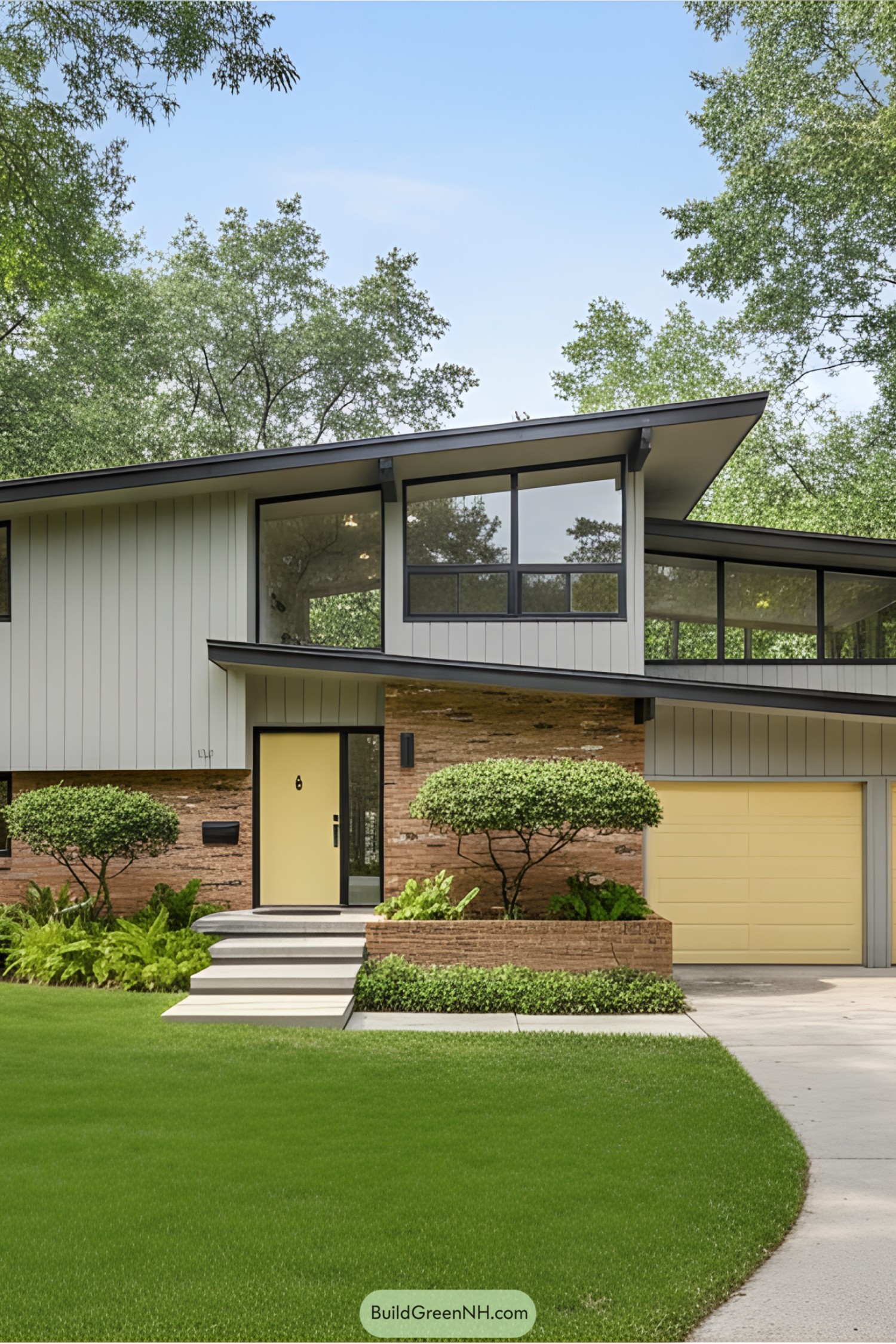 Mid-century modern split-level house with angular roof and vibrant garden