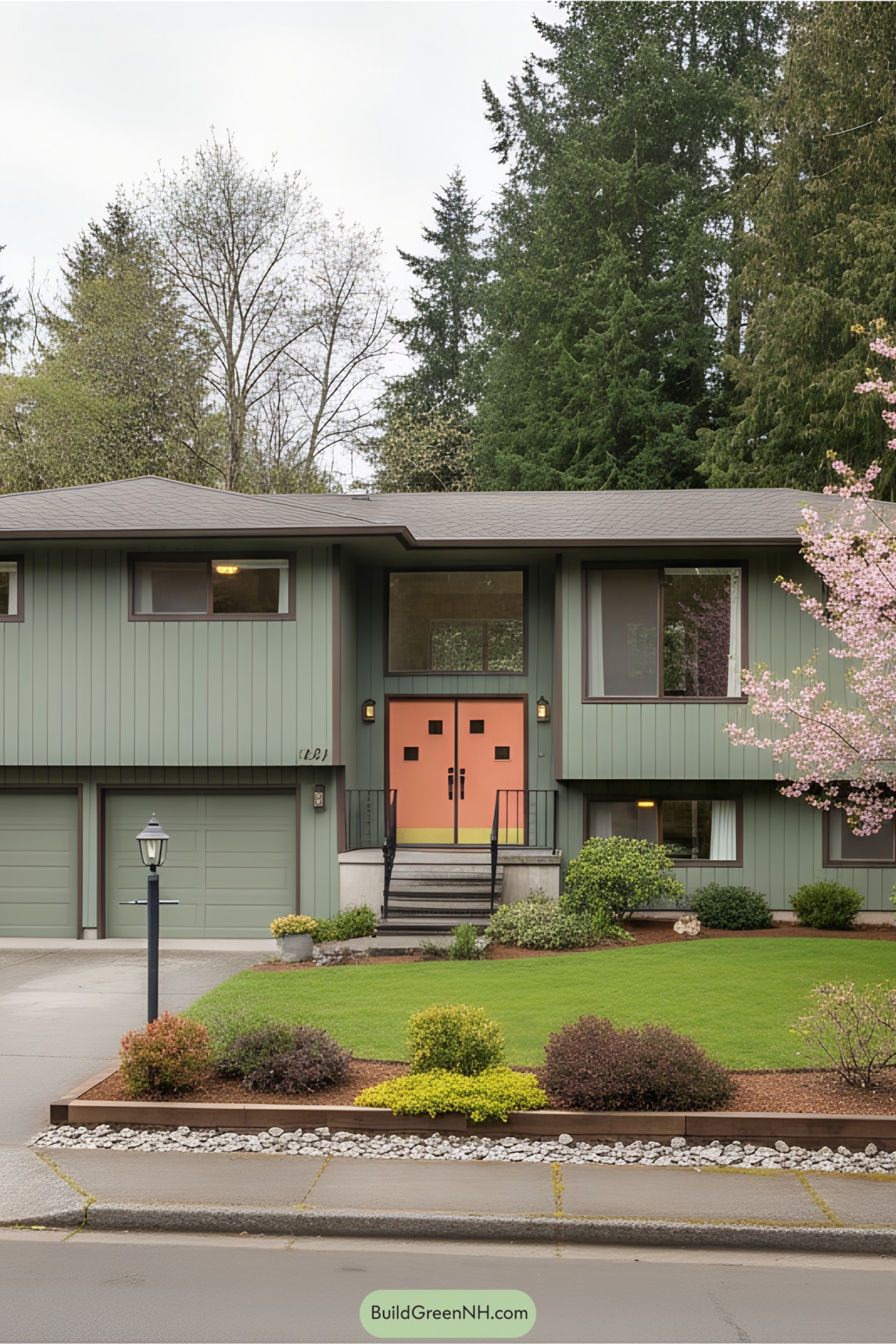 Split-level house with green siding and orange door amid greenery