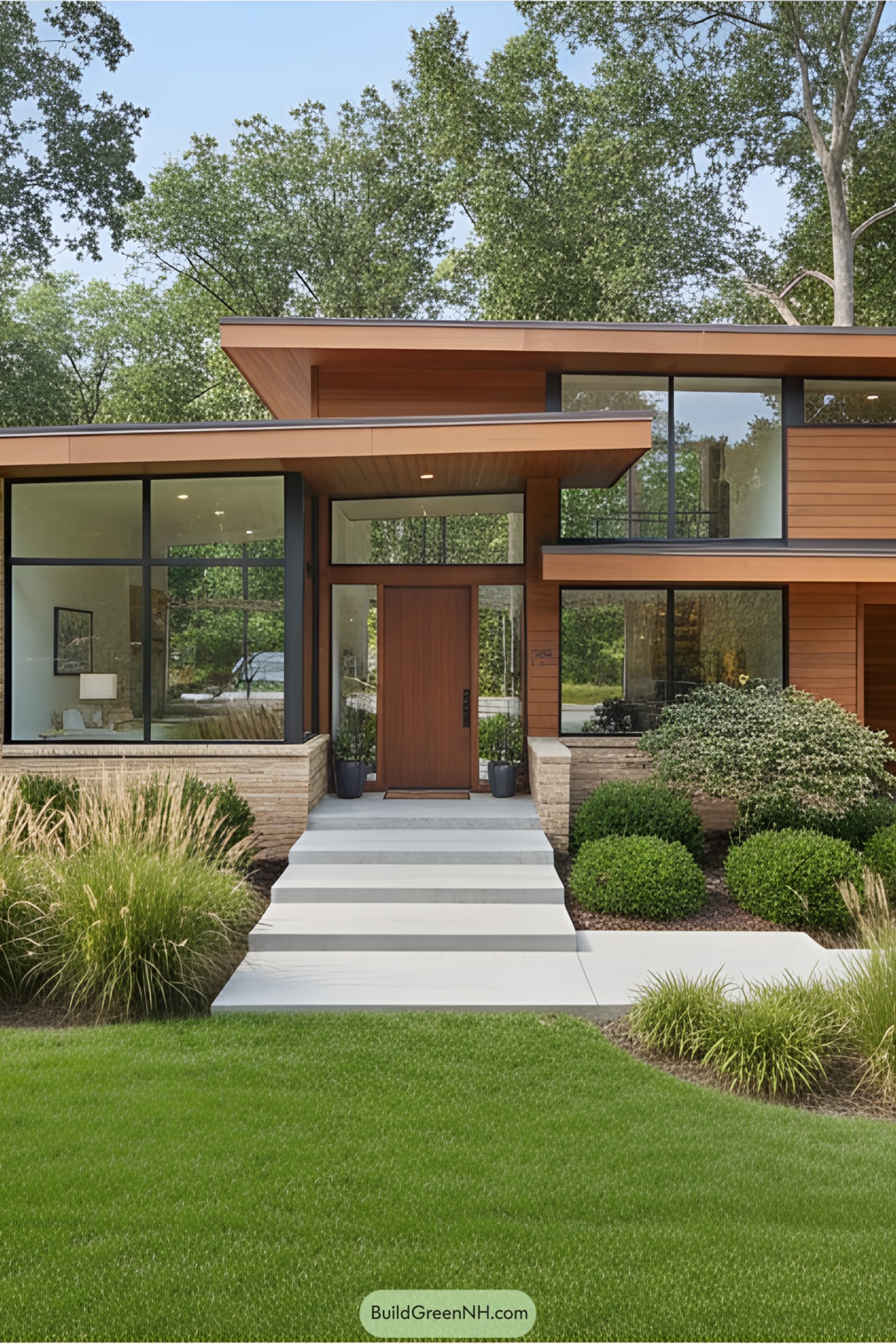 Split-level mid-century home with large windows surrounded by lush greenery