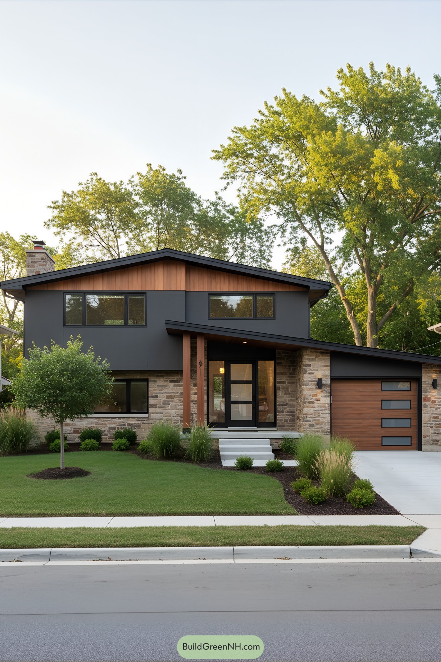 Classic split-level mid-century modern home with lush lawn