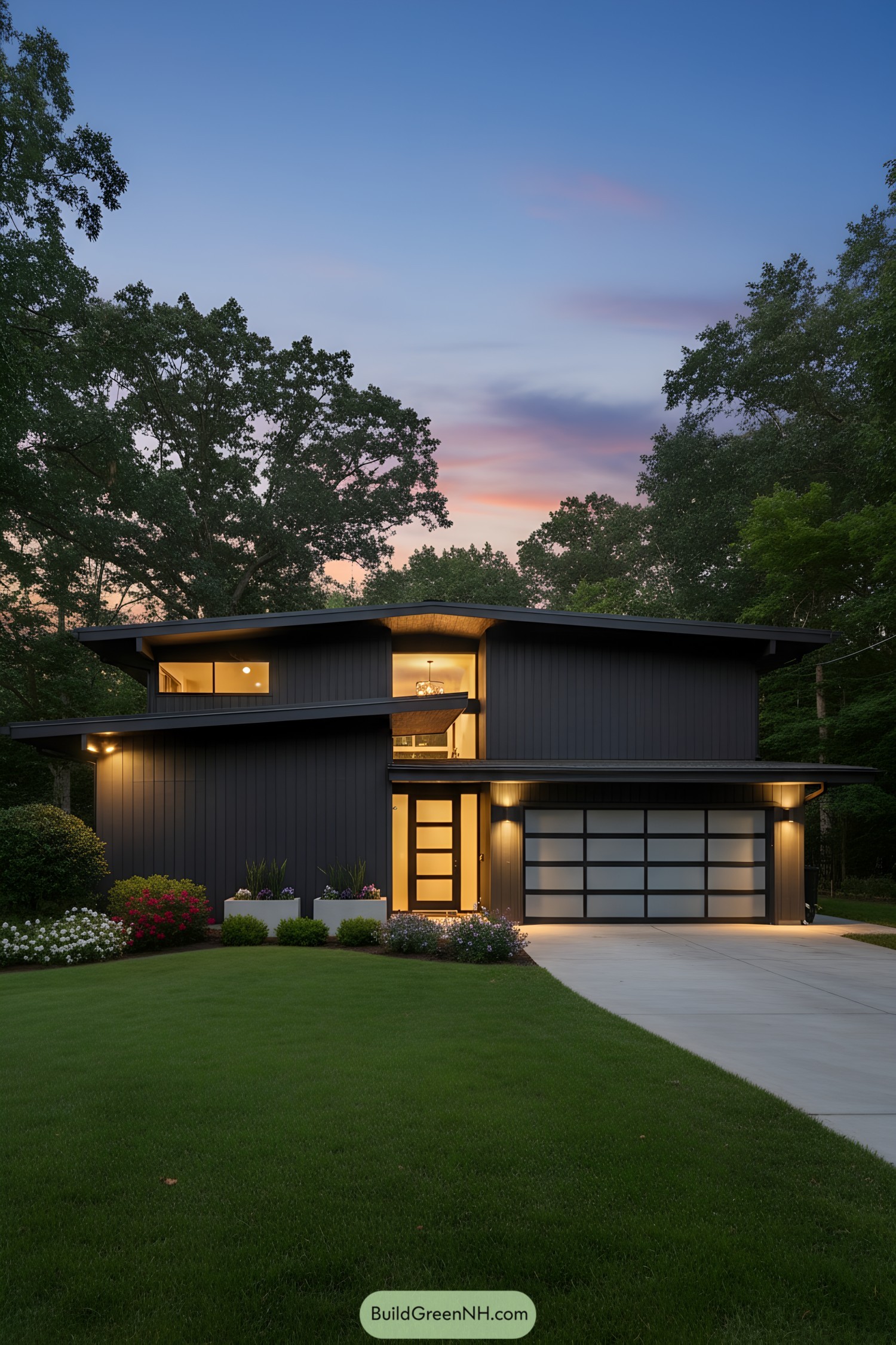 Split-level house with a sleek exterior and lush lawn