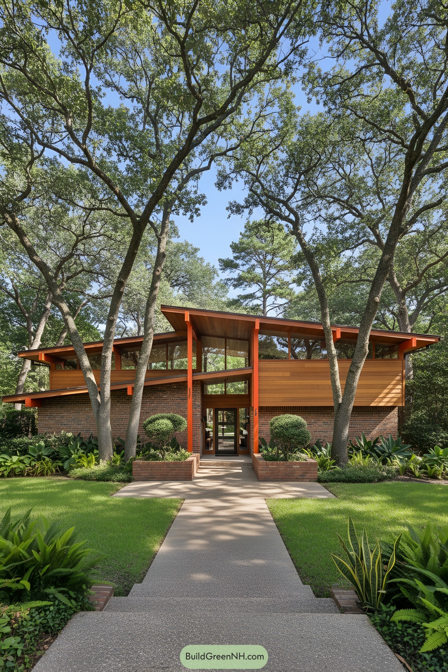 Split-level house with vibrant wood accents surrounded by trees