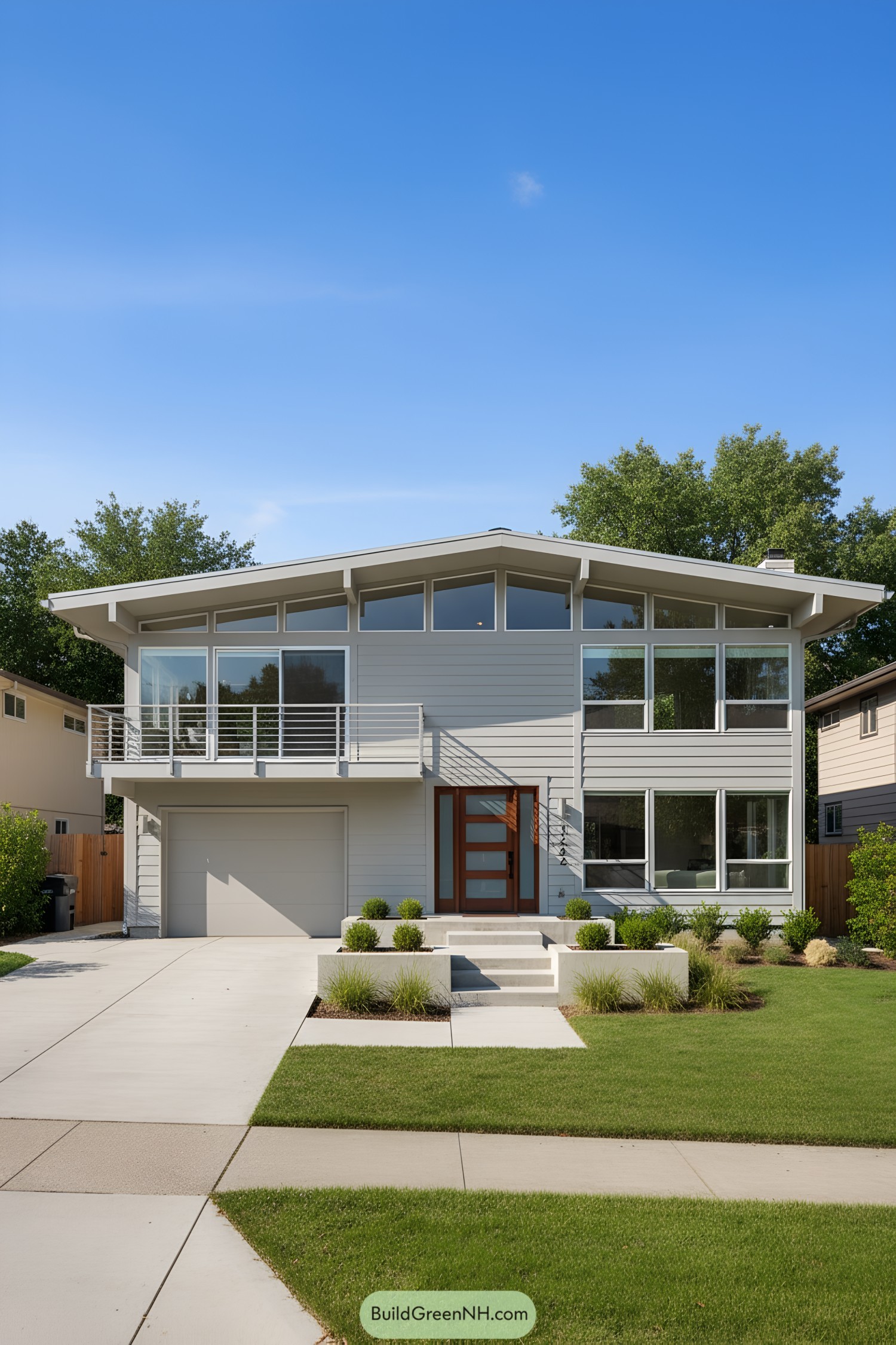 Gray, split-level mid-century house with large windows and a flat lawn