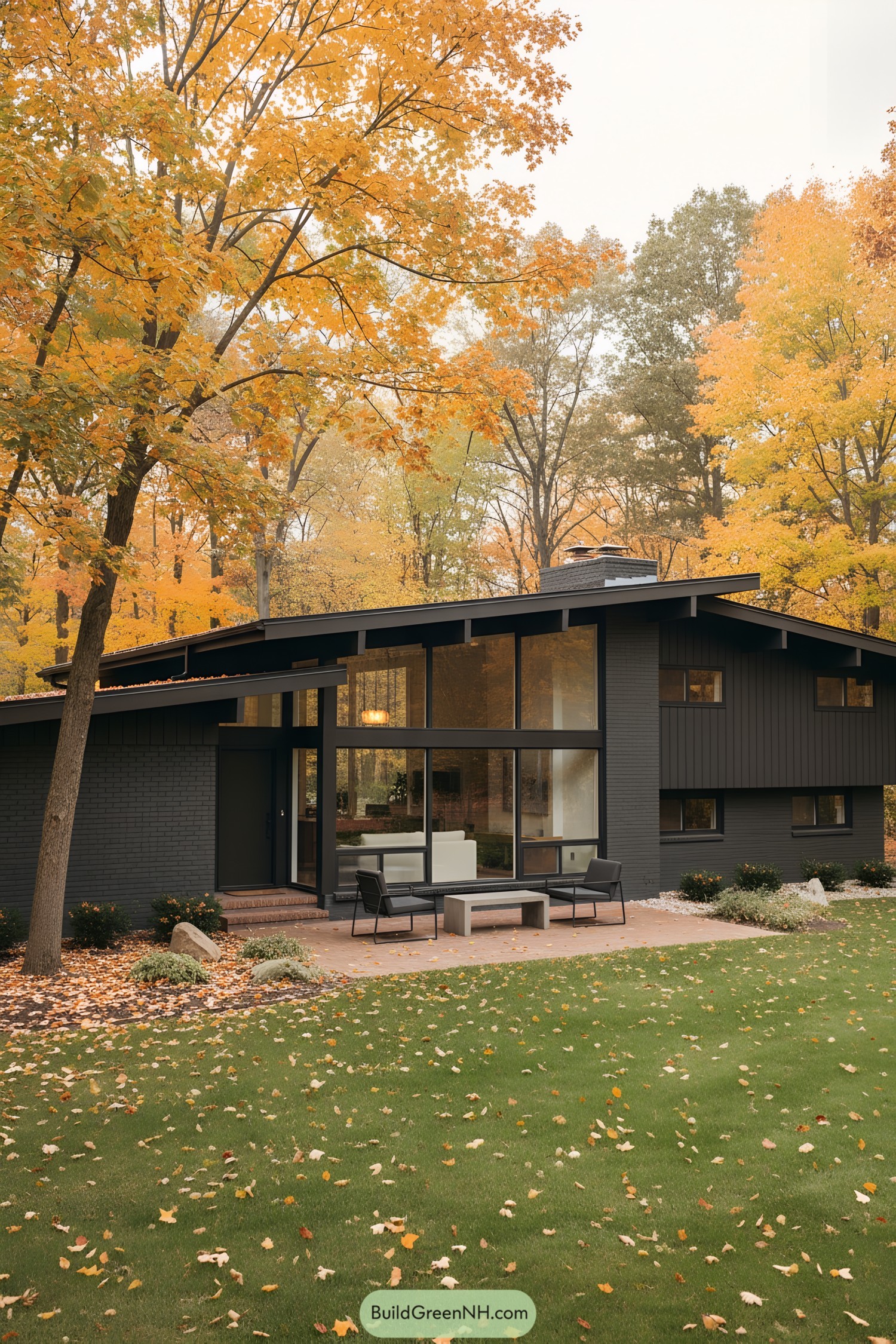 Mid-century modern split-level house with autumn foliage