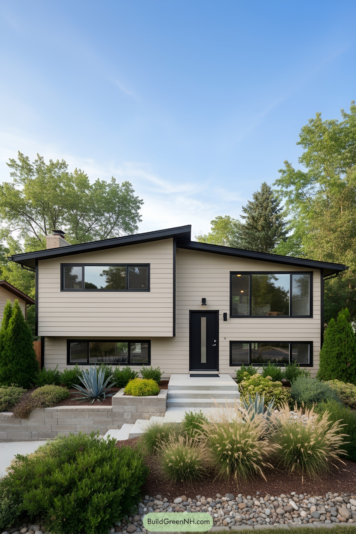 Mid-century modern split-level house amidst greenery