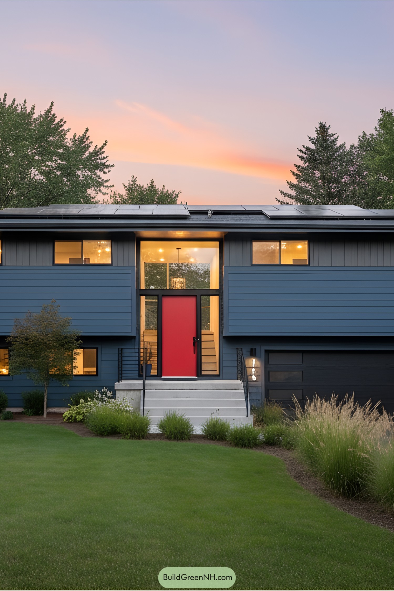Chic blue split-level house with bold red door, nestled in greenery