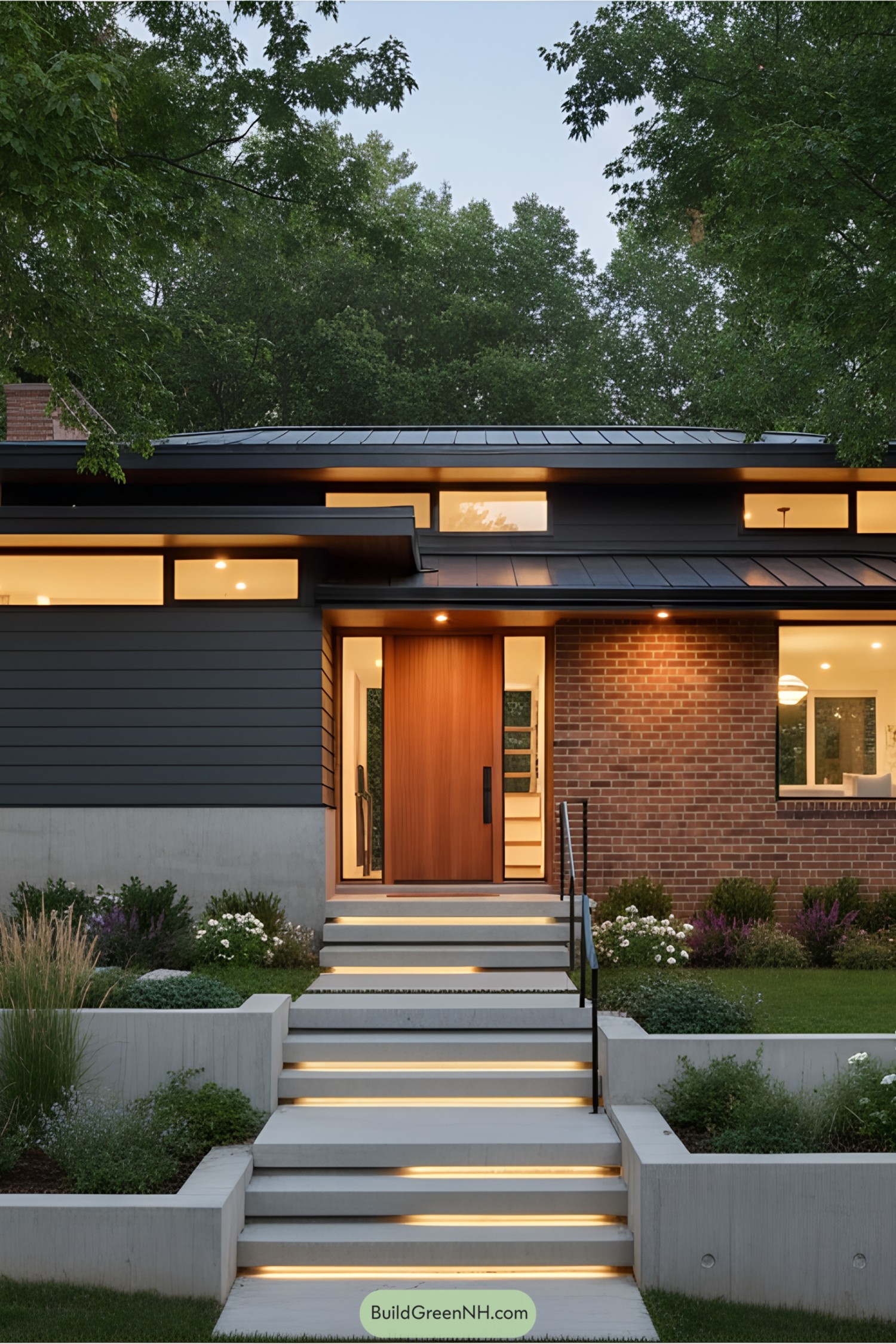 Exterior view of a beautifully lit split-level mid-century modern home with lush landscaping