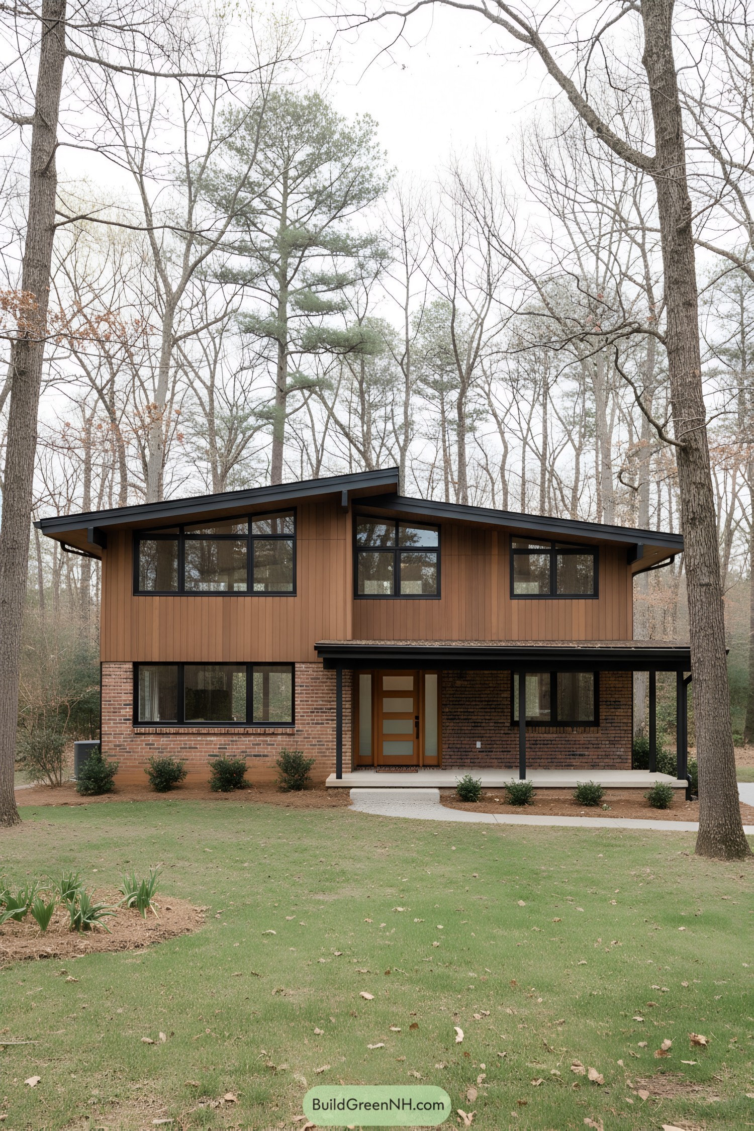 Two-story mid century house with brick and wood facade