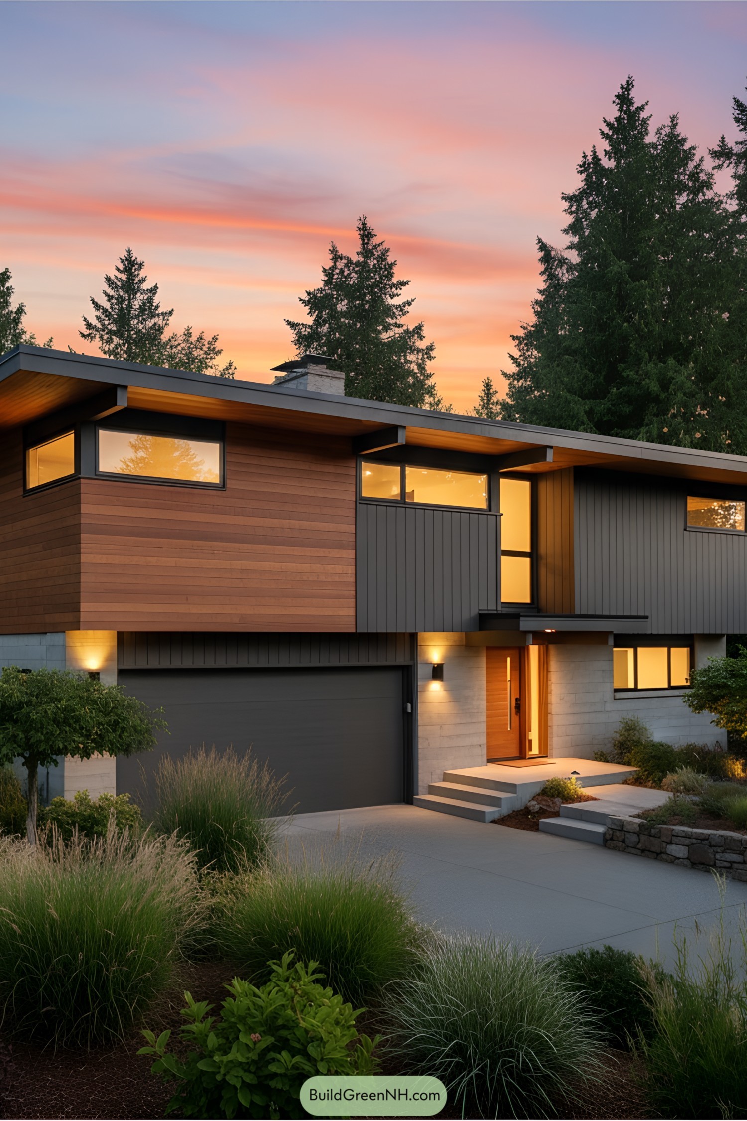 Mid-century modern split-level house with a sunset sky