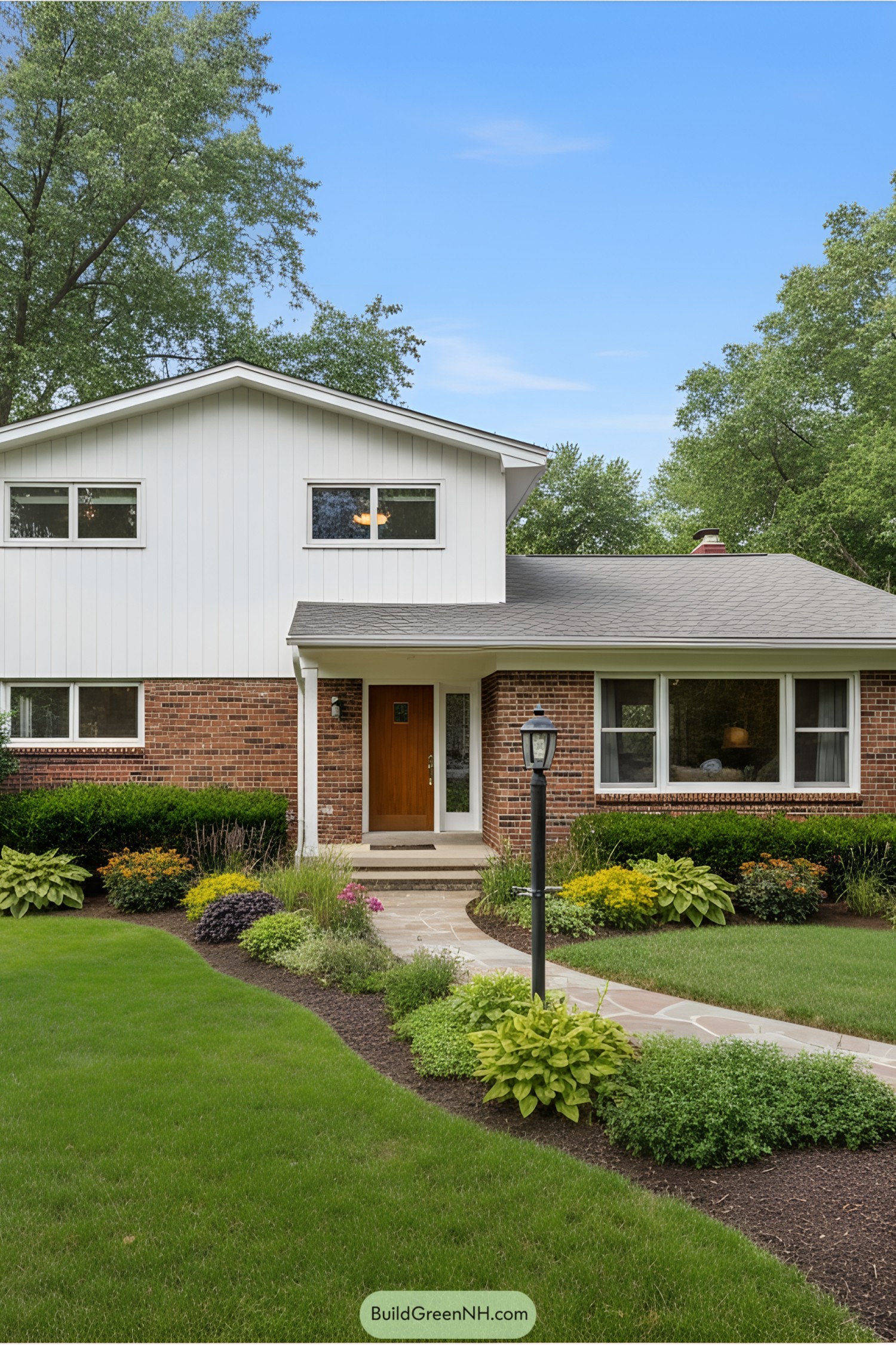 Split-level mid-century modern house with a brick and white facade