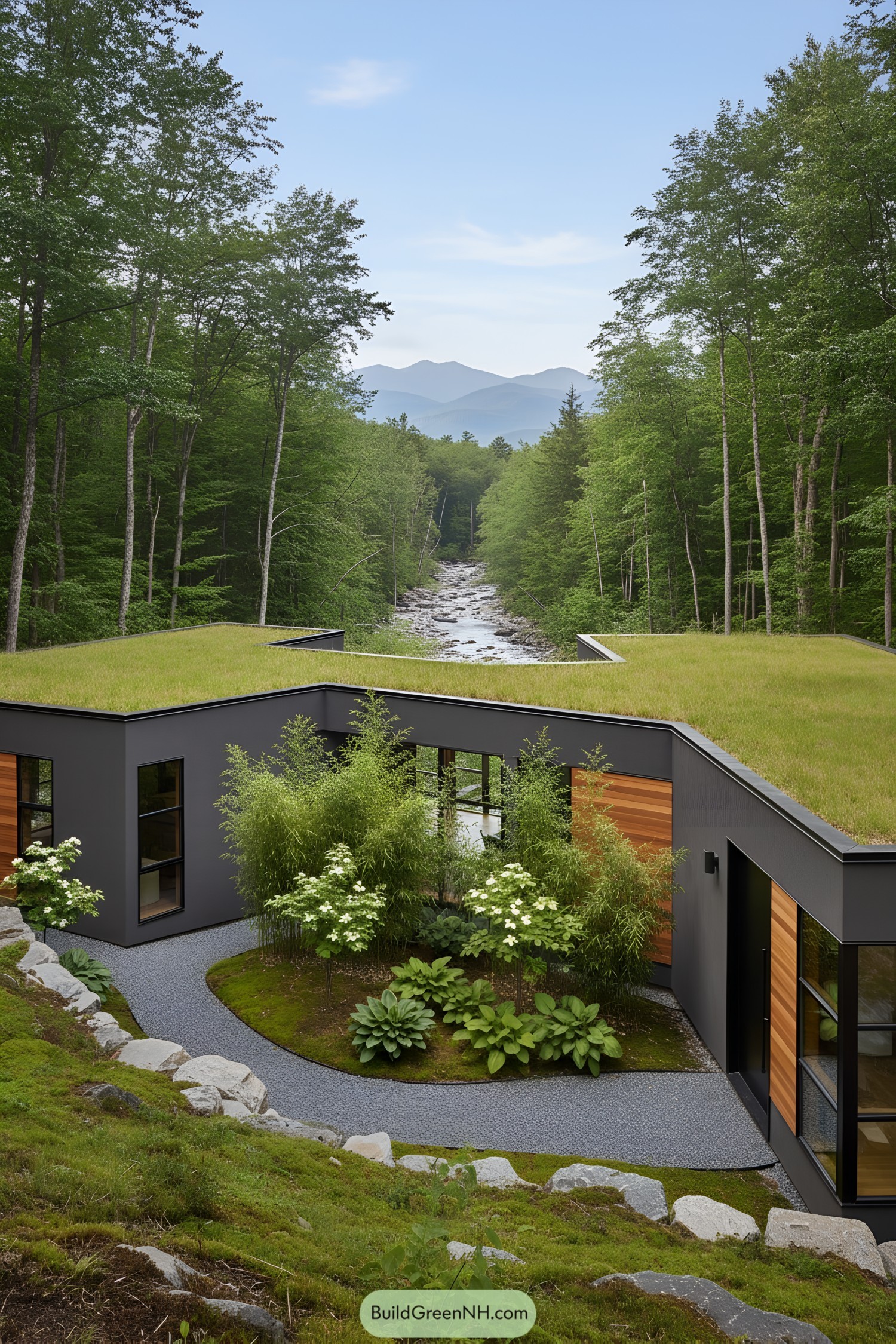 Modern U-shaped house on a hillside with lush courtyard