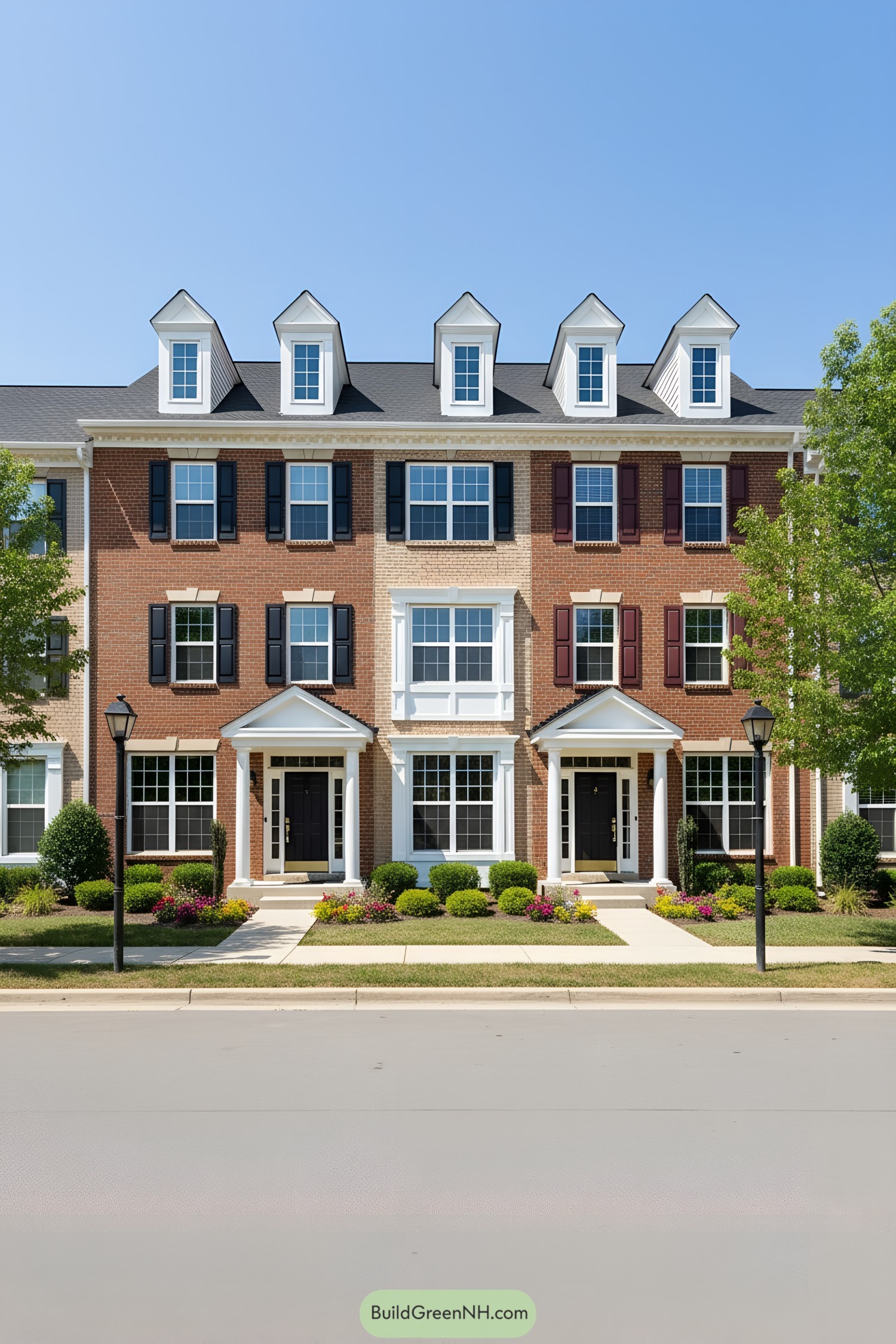 Townhouses with brick facades and neat landscaping