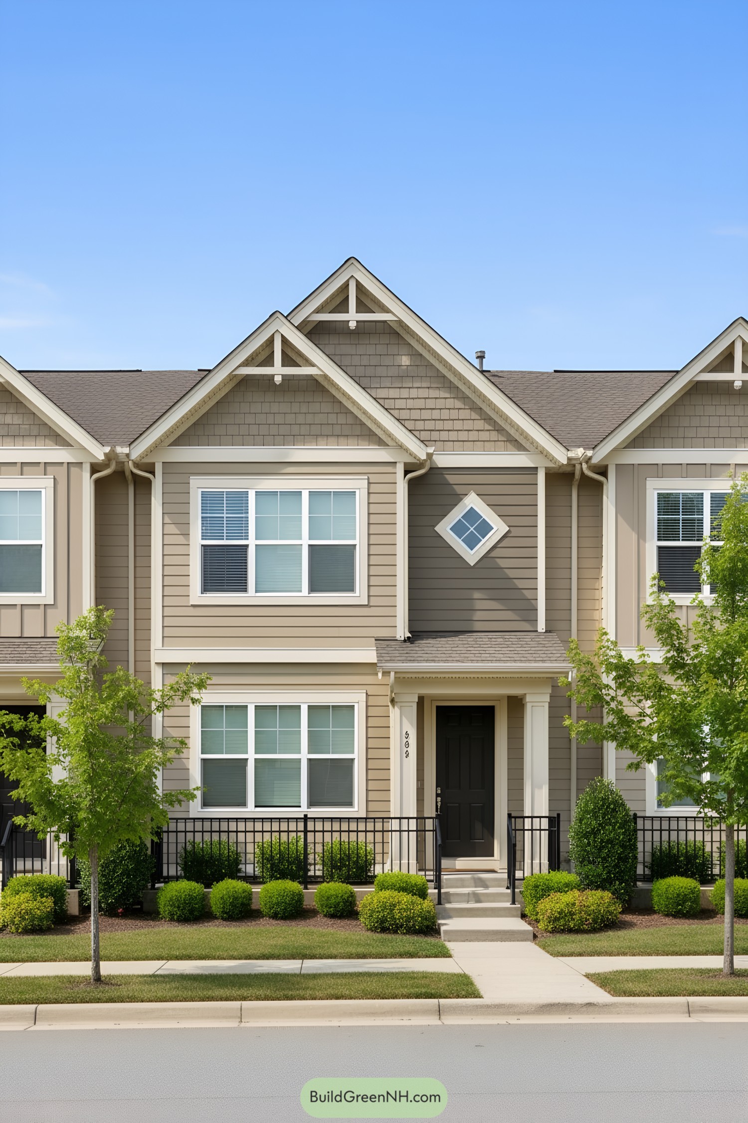 Modern townhouse exterior with gabled roof