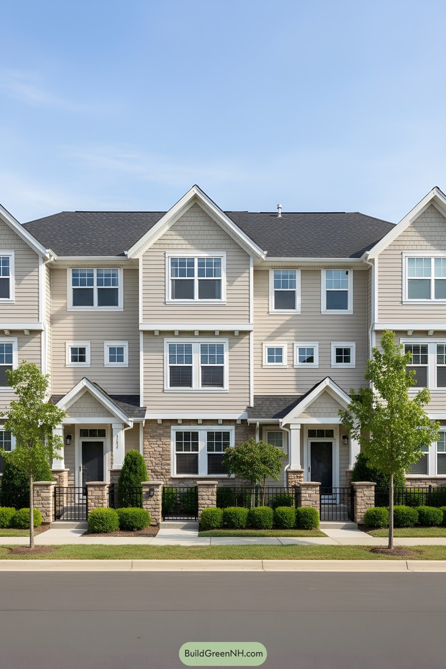 Modern townhouse with beige siding and stone accents