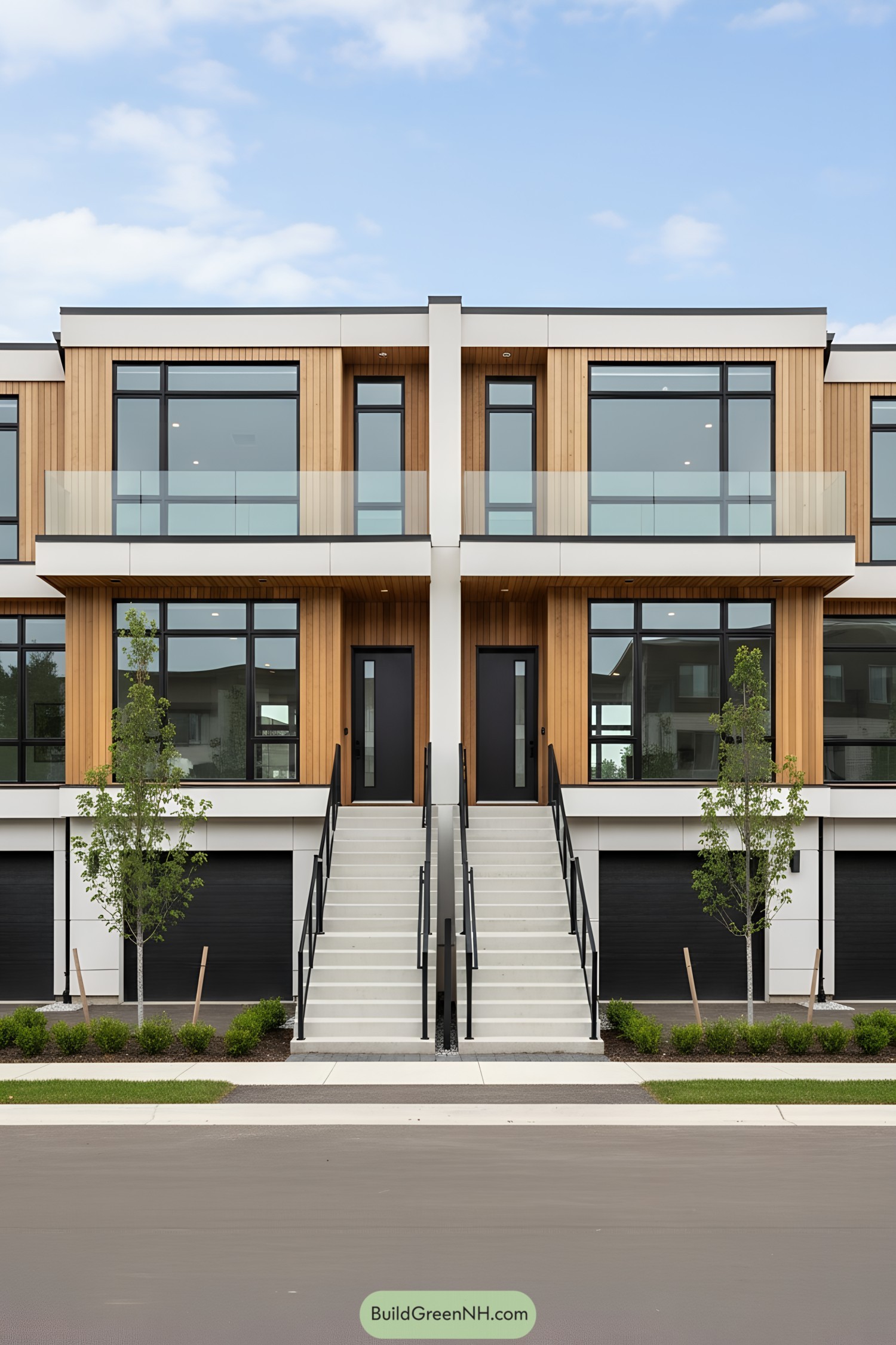 Contemporary townhouse facade with large windows and wooden accents