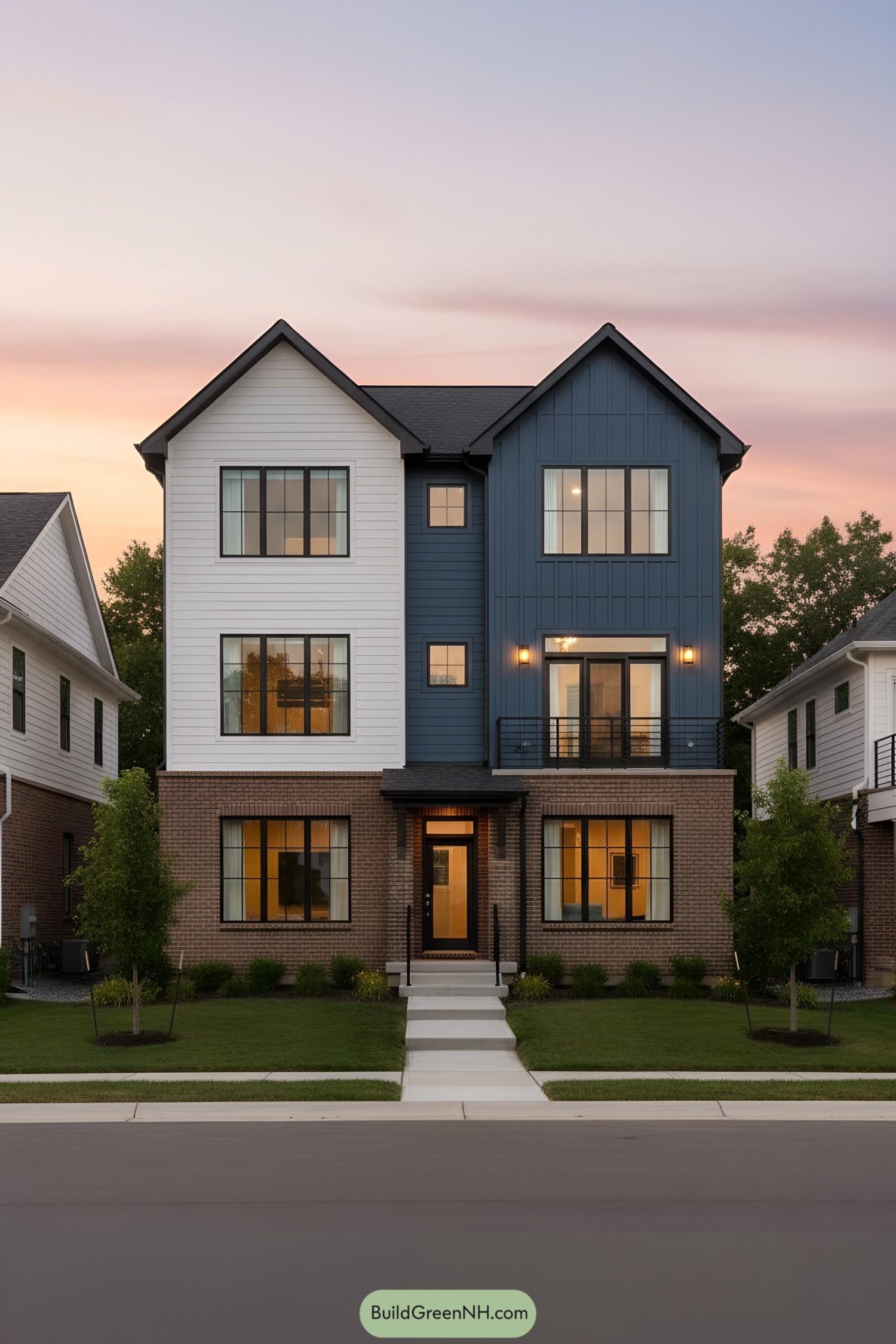 Townhouse with brick foundation and contrasting panels
