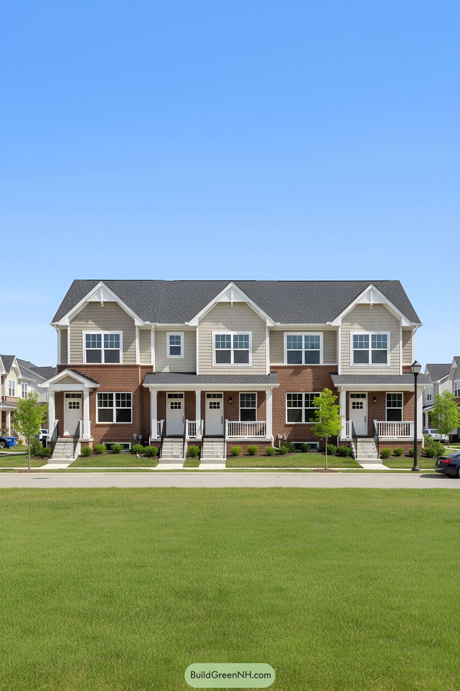 Row of suburban townhouses with brick and beige facades