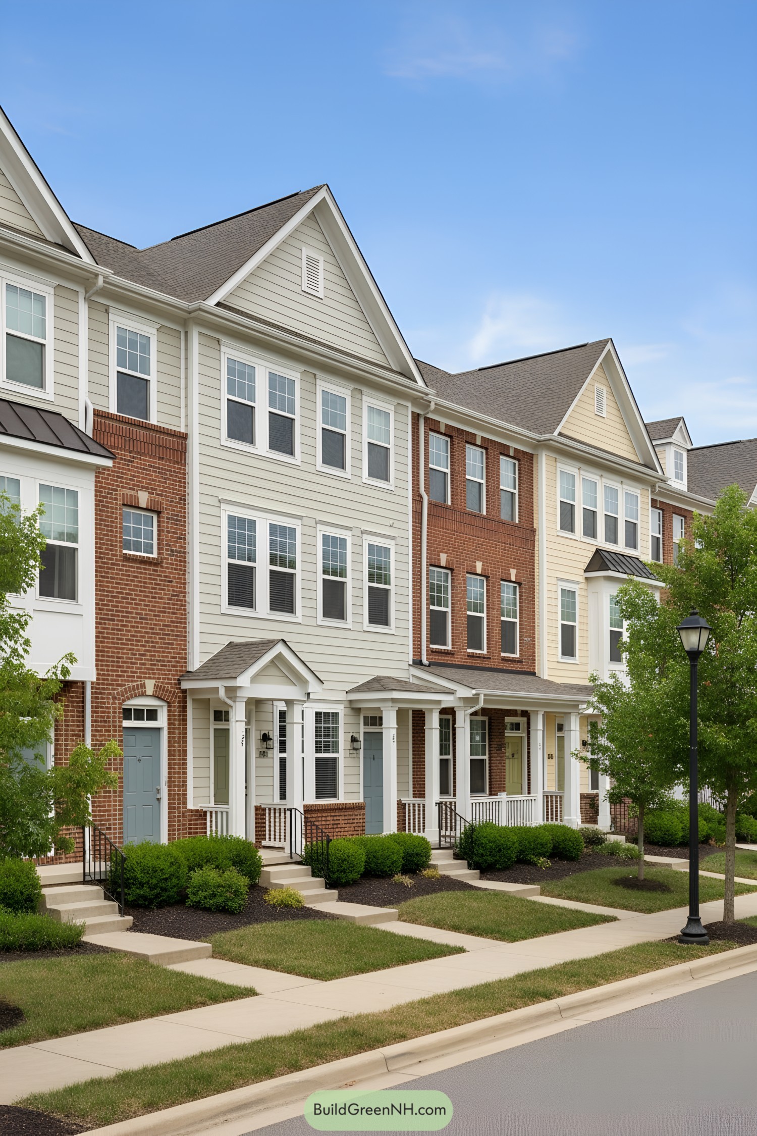Row of modern suburban townhouses with varied facades