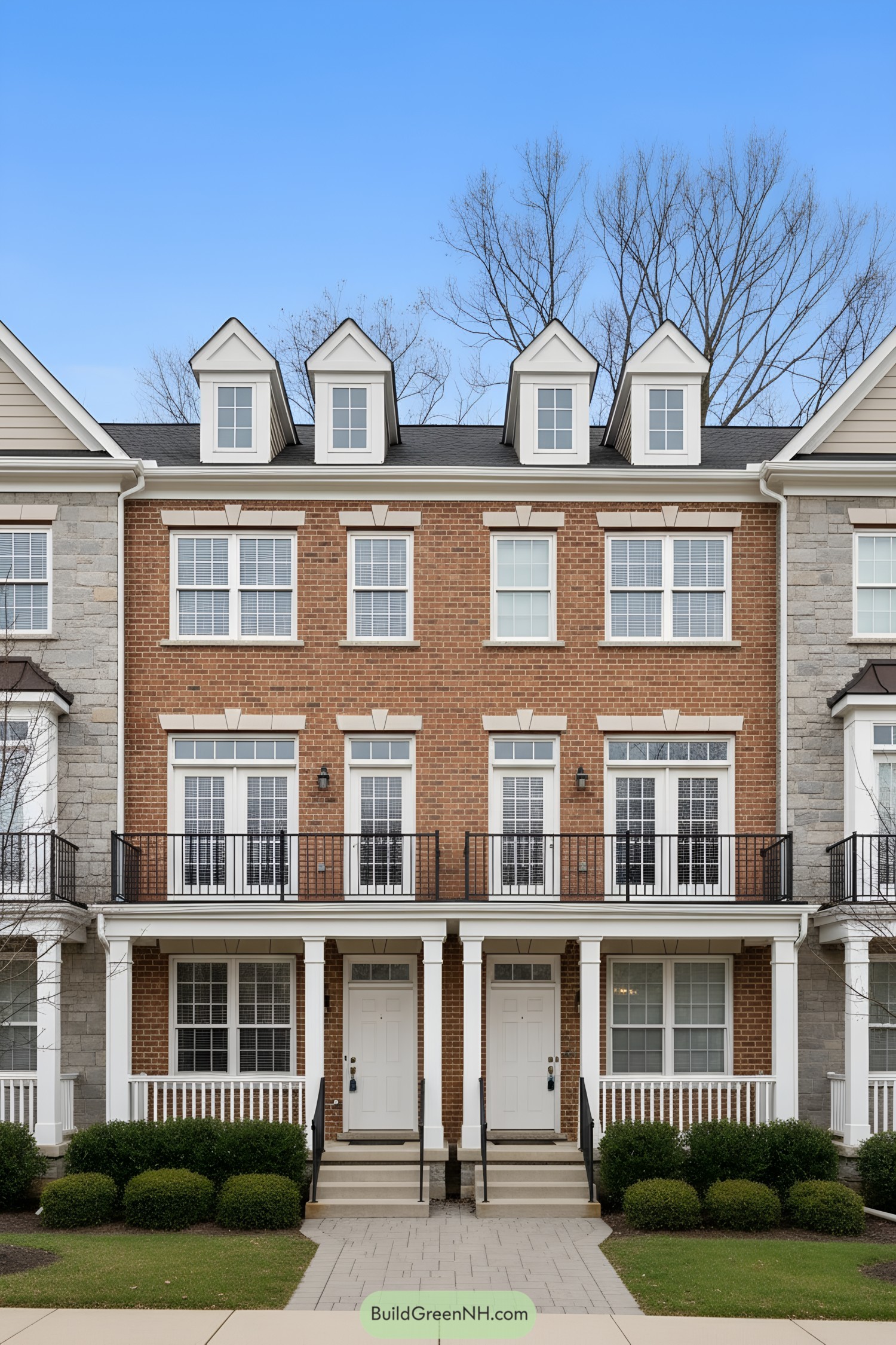Front view of a three-story brick townhouse with white trim