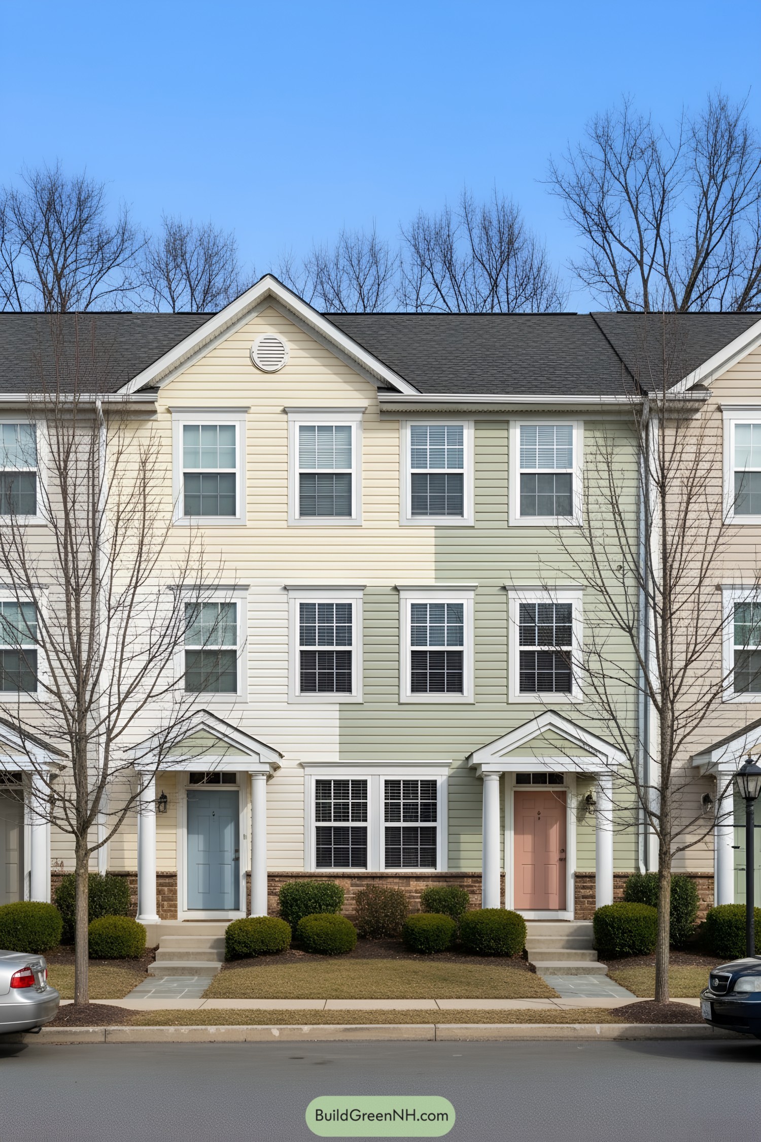 Row of colorful townhouses with distinctive doors