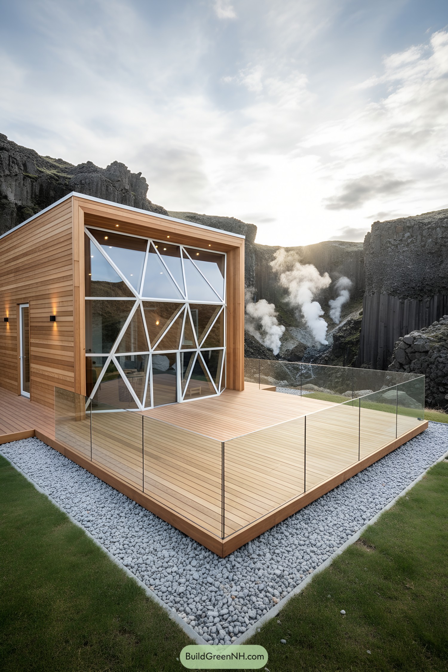 Wooden cabin with geometric glass wall amidst rocky cliffs and steam
