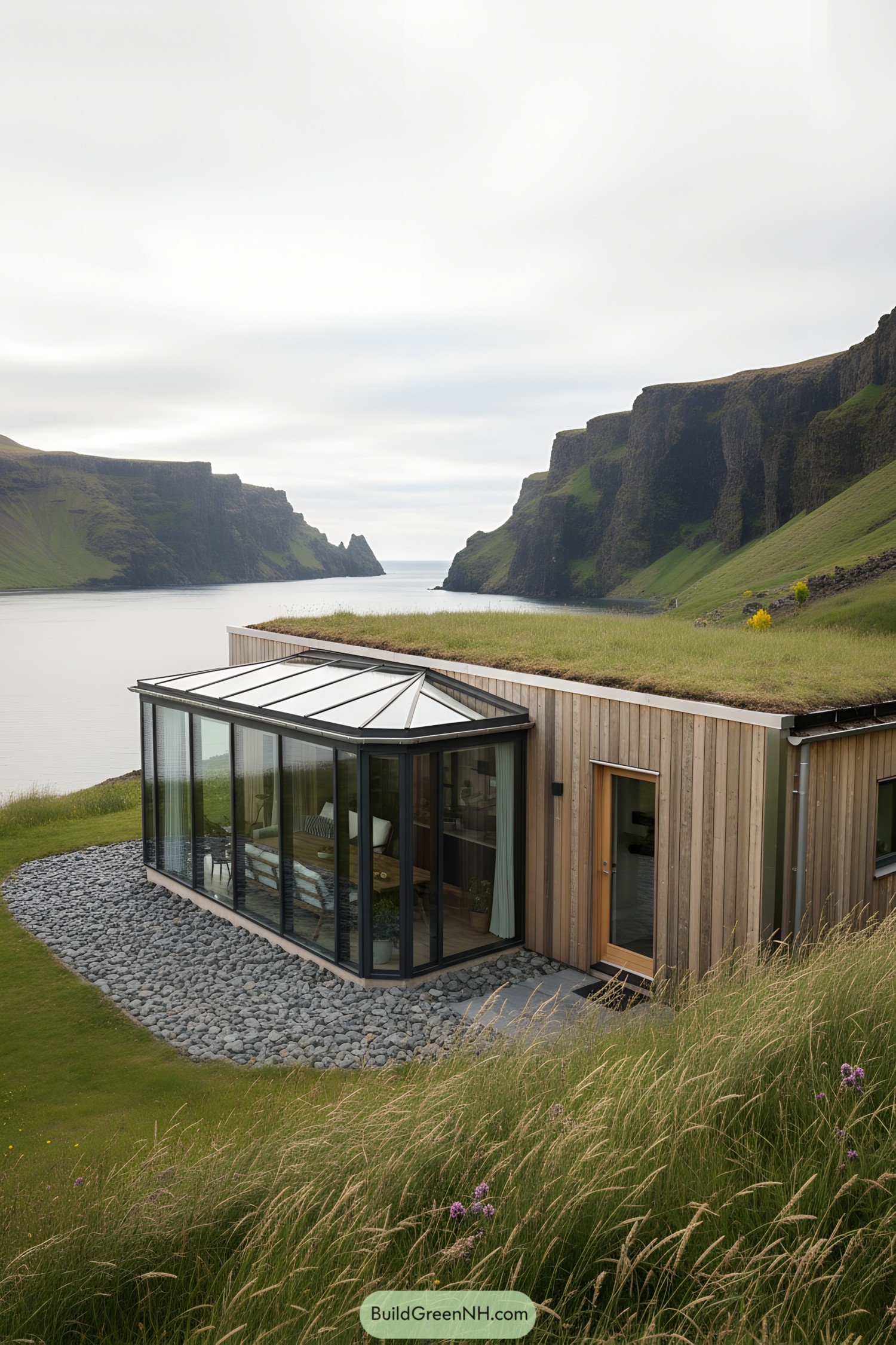 Glass-enclosed cabin with stunning fjord backdrop