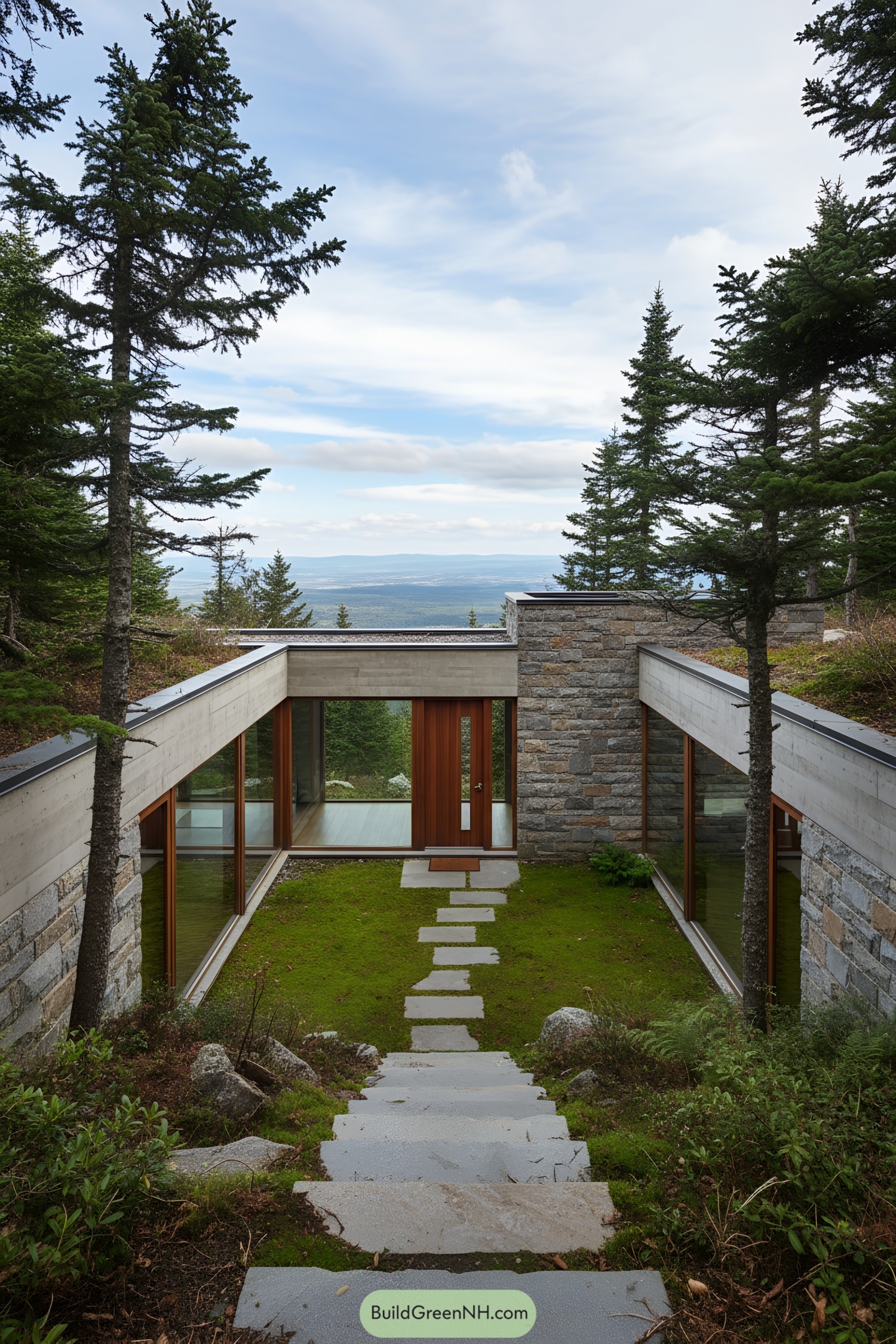 Modern U-shaped house with a courtyard, nestled in a wooded hillside