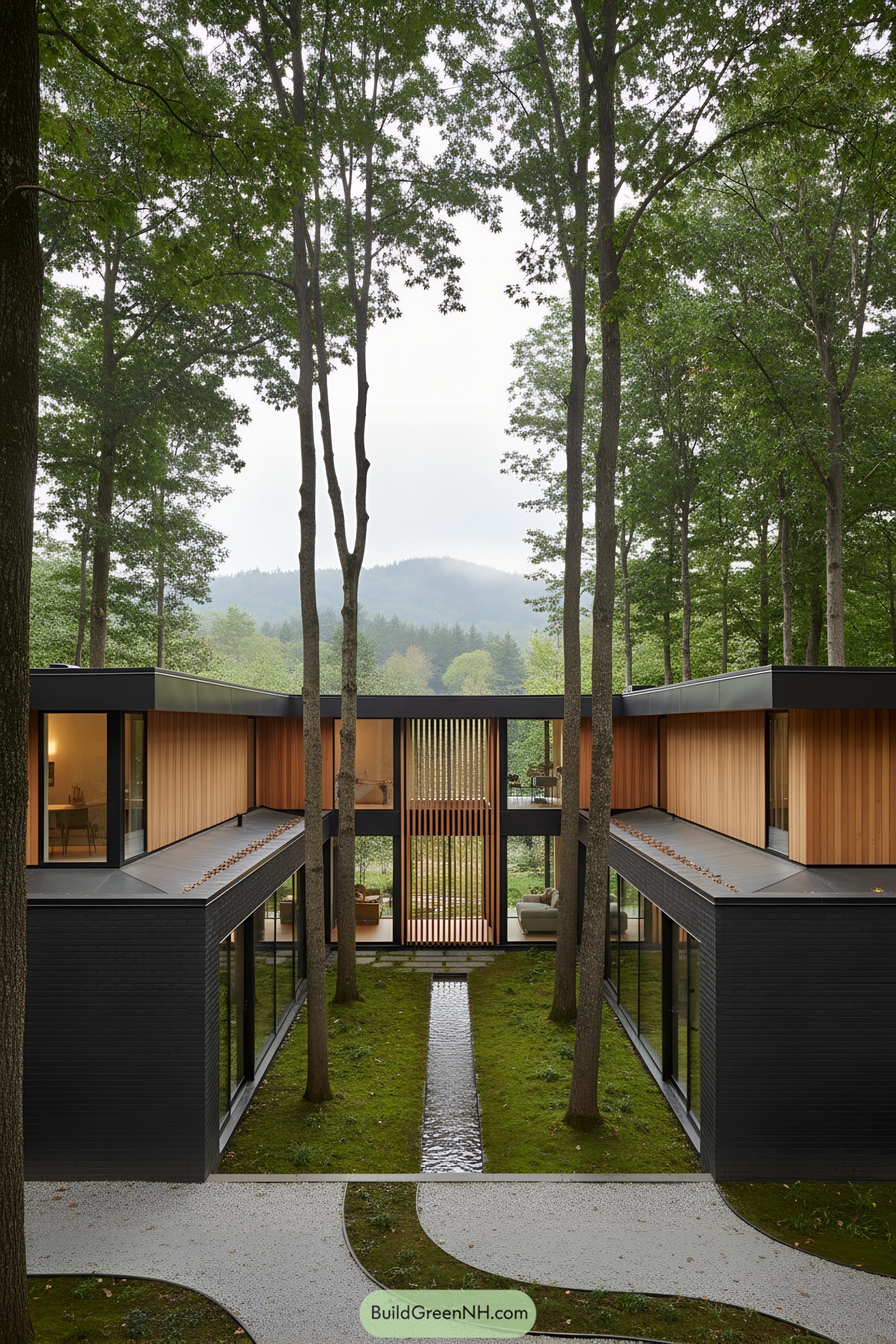 Modern U-shaped house with a central courtyard nestled among trees