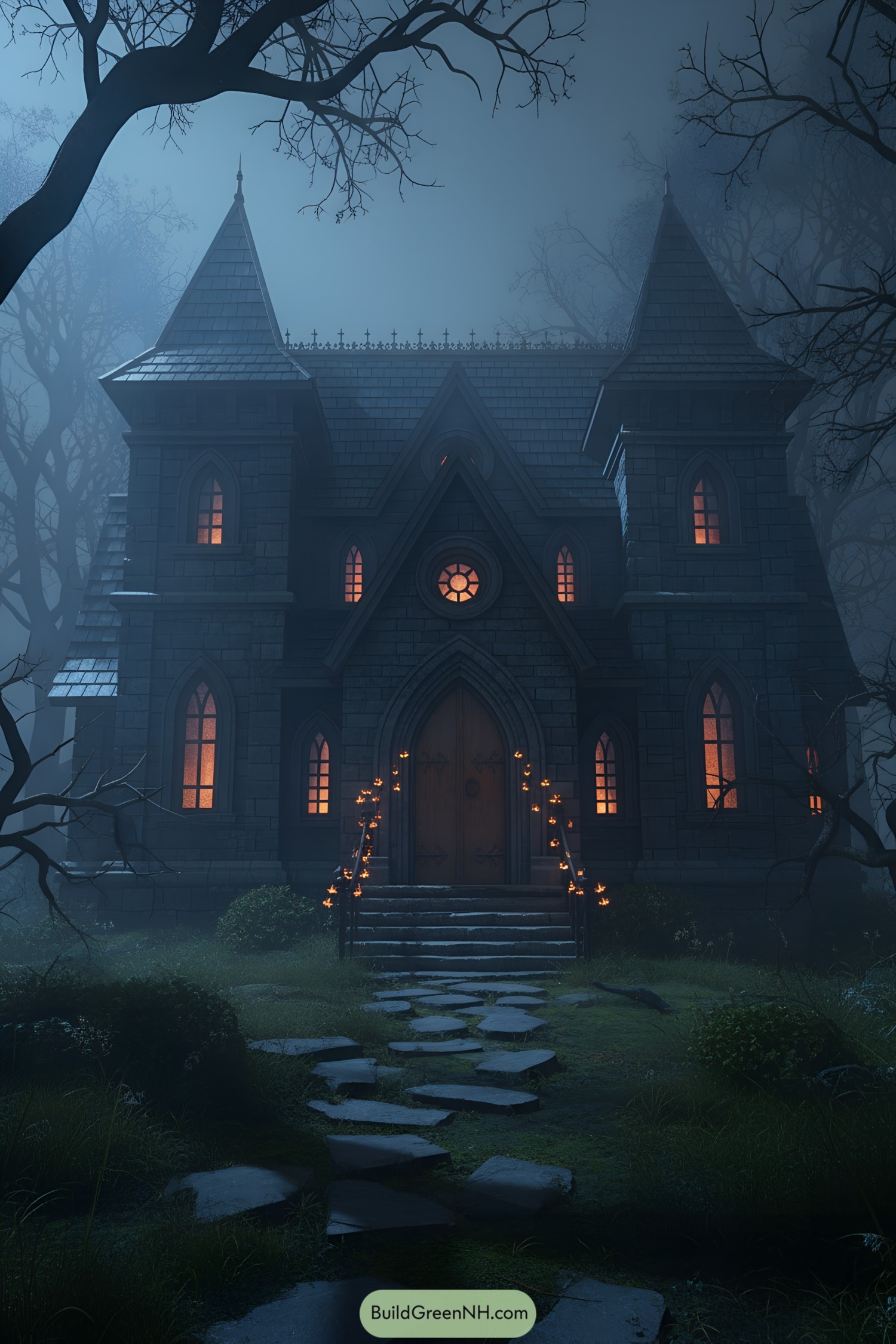 Gothic house illuminated with orange lights in a misty forest