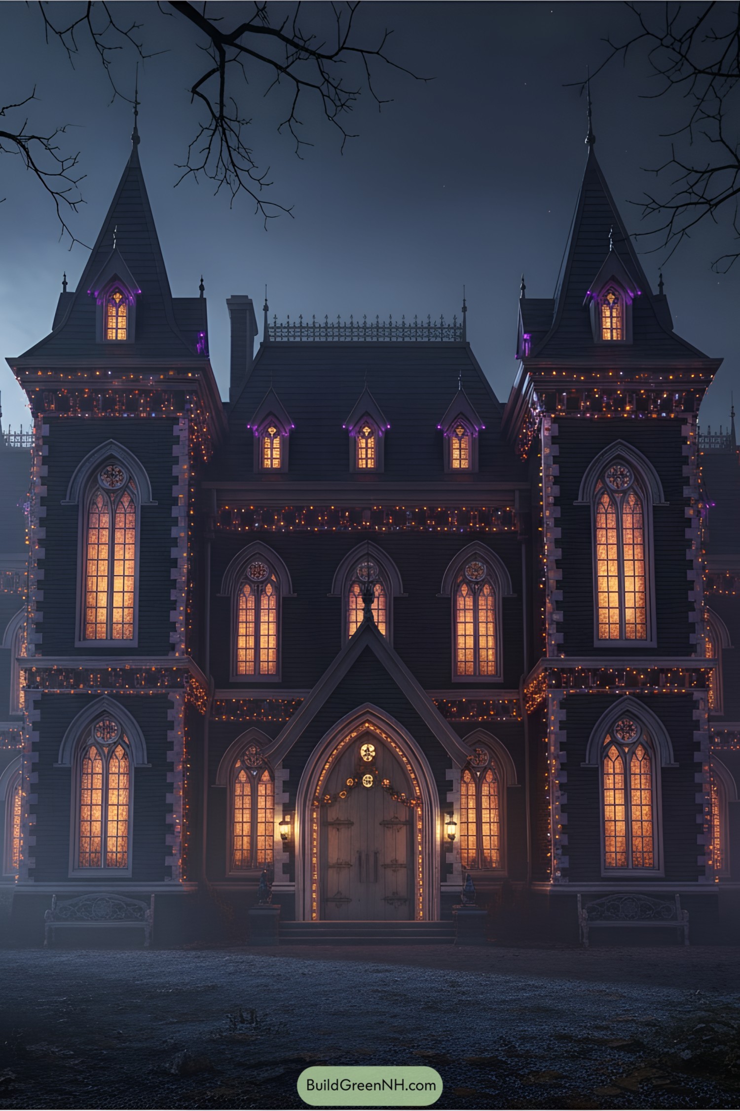 Gothic house adorned with Halloween lights in a misty forest