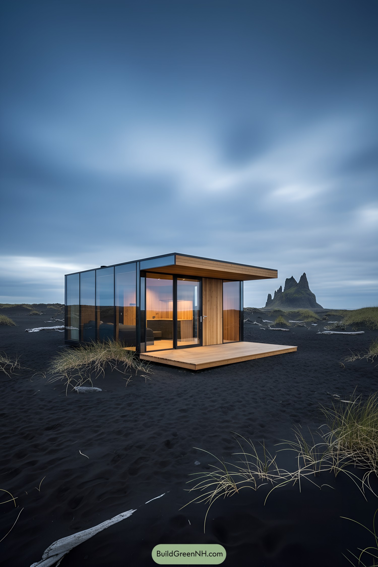 Sleek modern cabin with panoramic glass walls by a black sand landscape