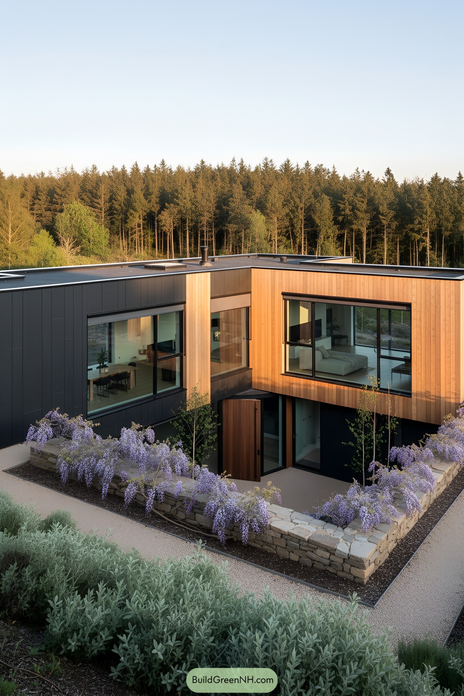 Modern U-shaped house with courtyard nestled on a hillside