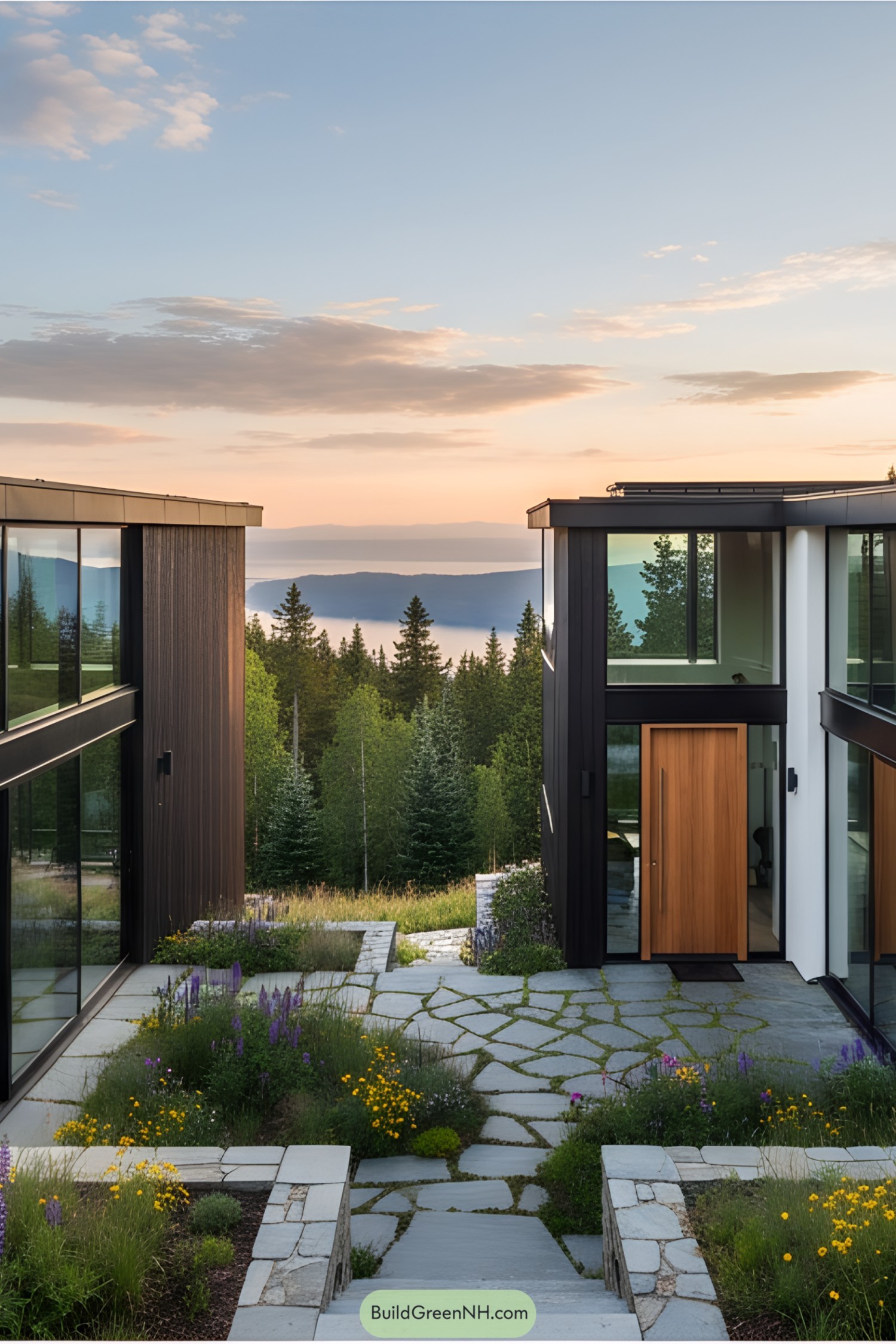 Modern U-shaped house with courtyard surrounded by nature on a hillside